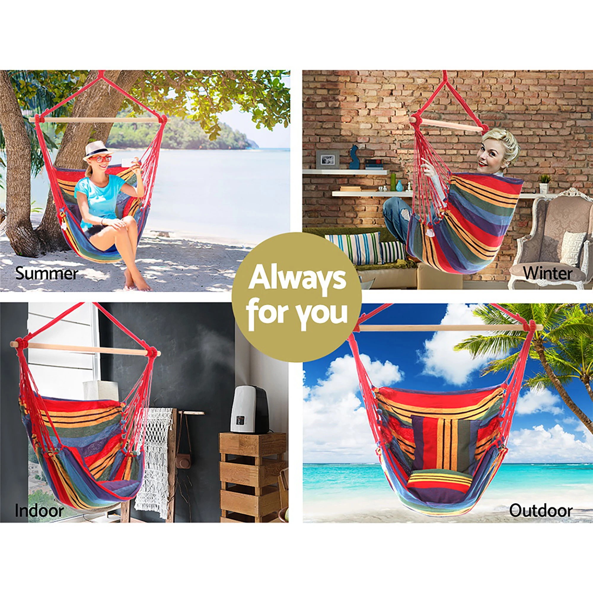 3 Gardeon Hammock Chair Outdoor Camping Hanging Hammocks Cushion Pillow Rainbow - Multi, 3 of 7