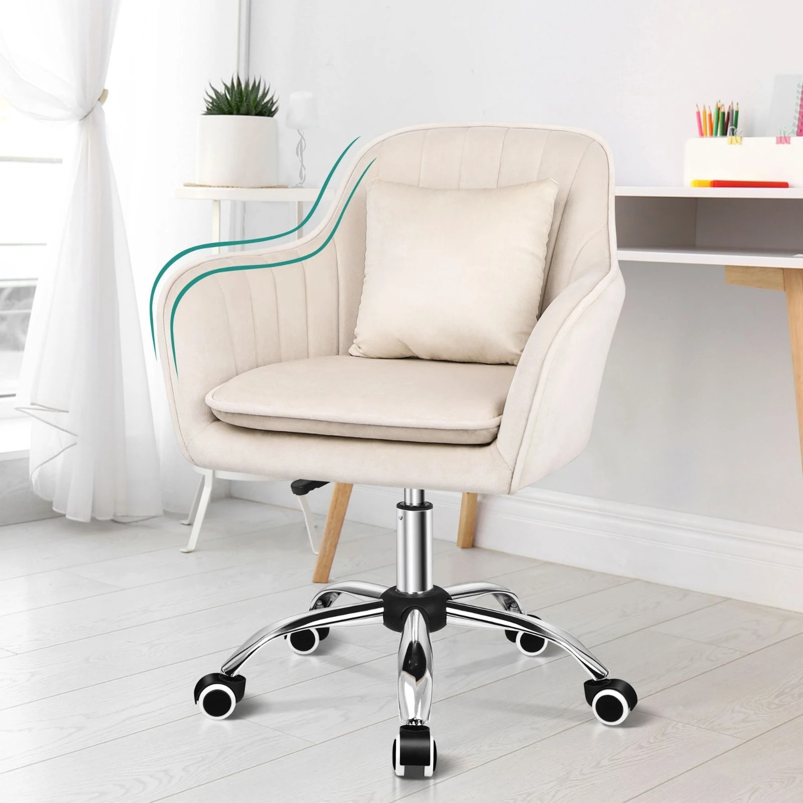 3 Alfordson Velvet Office Chair Computer Swivel Armchair Work Adult Kids - Beige, 3 of 10