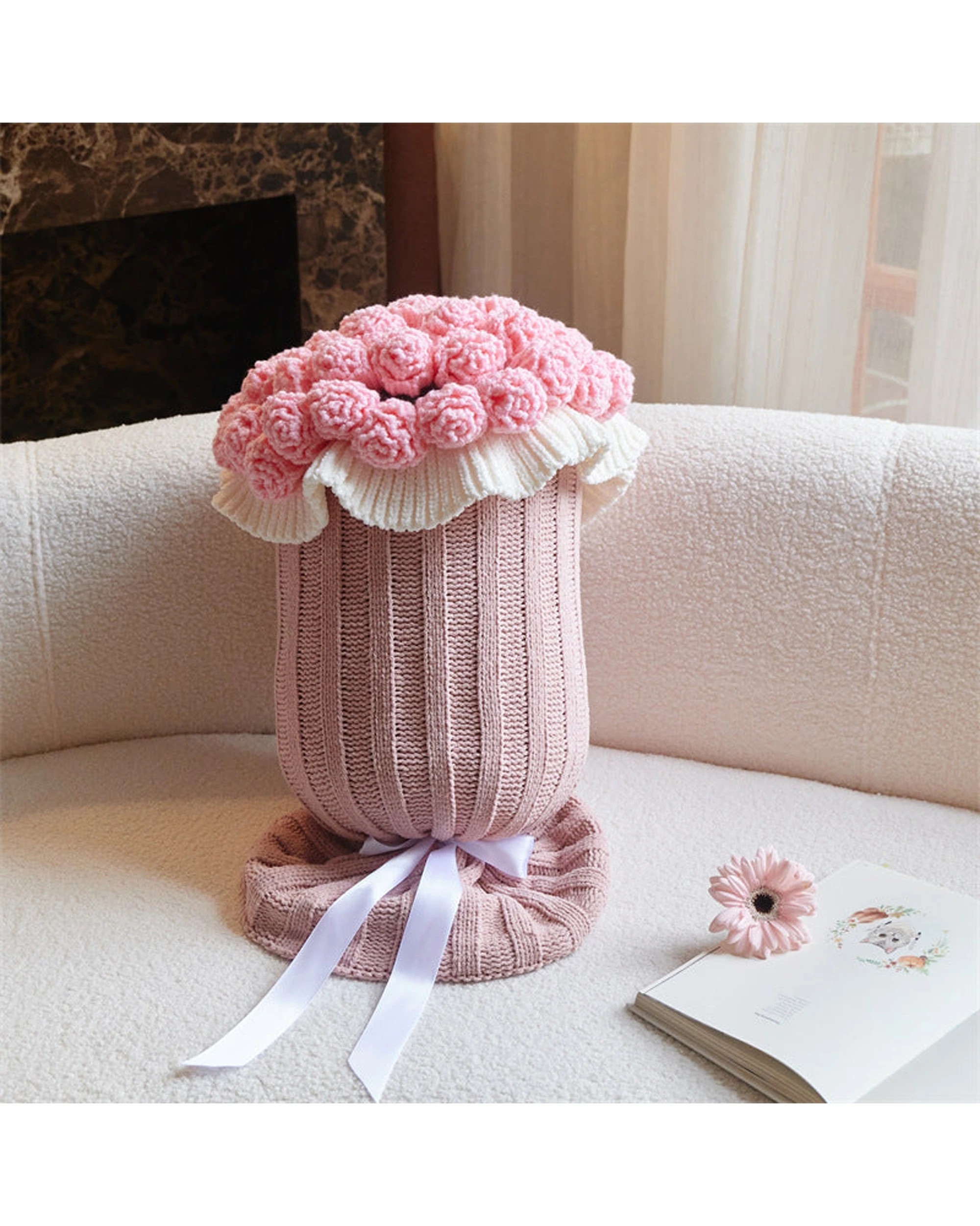 2 Cotton More Knitted Flower Hug Pillow Stuffed 22x60cm - Pink, 2 of 2