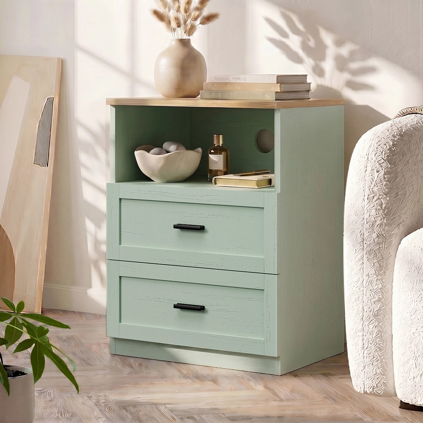 4 Oikiture Bedside Table 2 Drawers Open Shelf Nightstand Storage - Green, 4 of 8