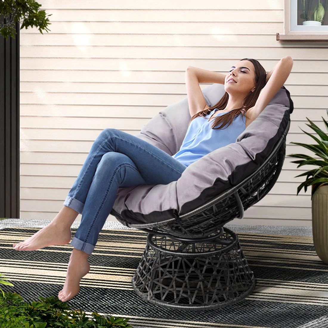 1 Gardeon Outdoor Chairs Outdoor Furniture Papasan Chair Wicker Patio Garden - Black, 1 of 8