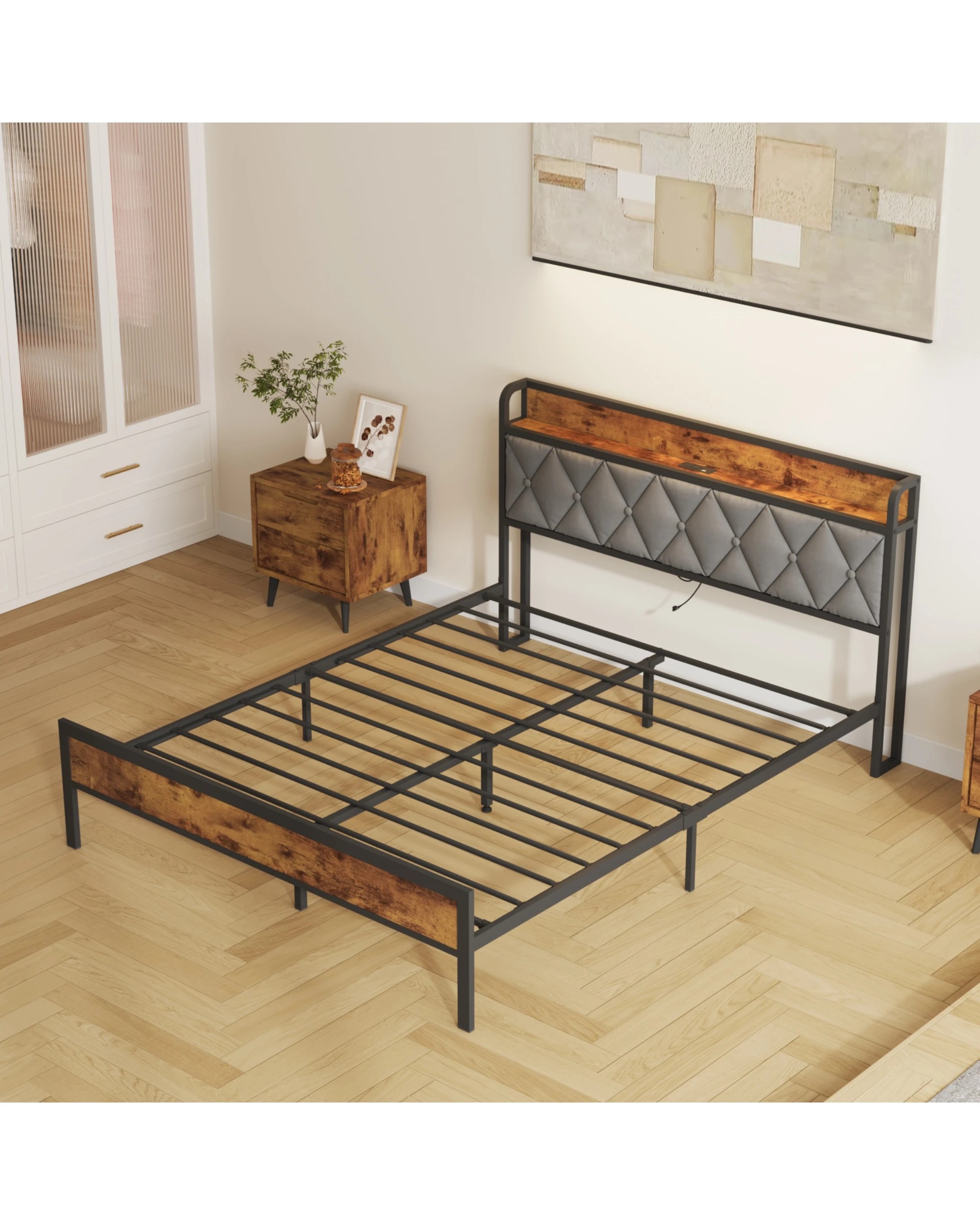 8 Advwin Queen Bed Frame With Charging Station & Usb Ports Storage Tufted Headboard Shelf, 8 of 8