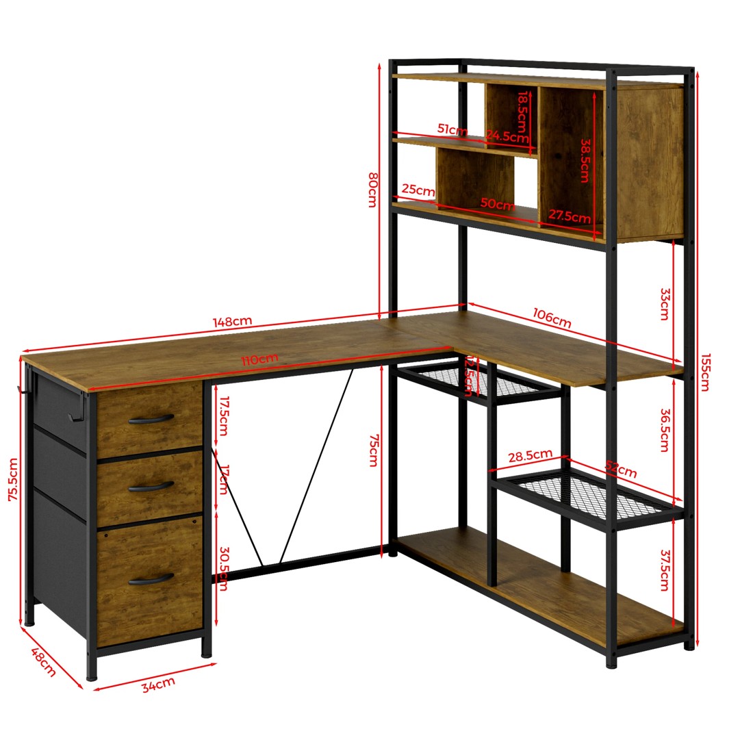2 Advwin L Shaped Gaming Desk With Led Lights Reversible 148cm Computer Desk With 3 Drawers And Bookshelf Walnut, 2 of 9