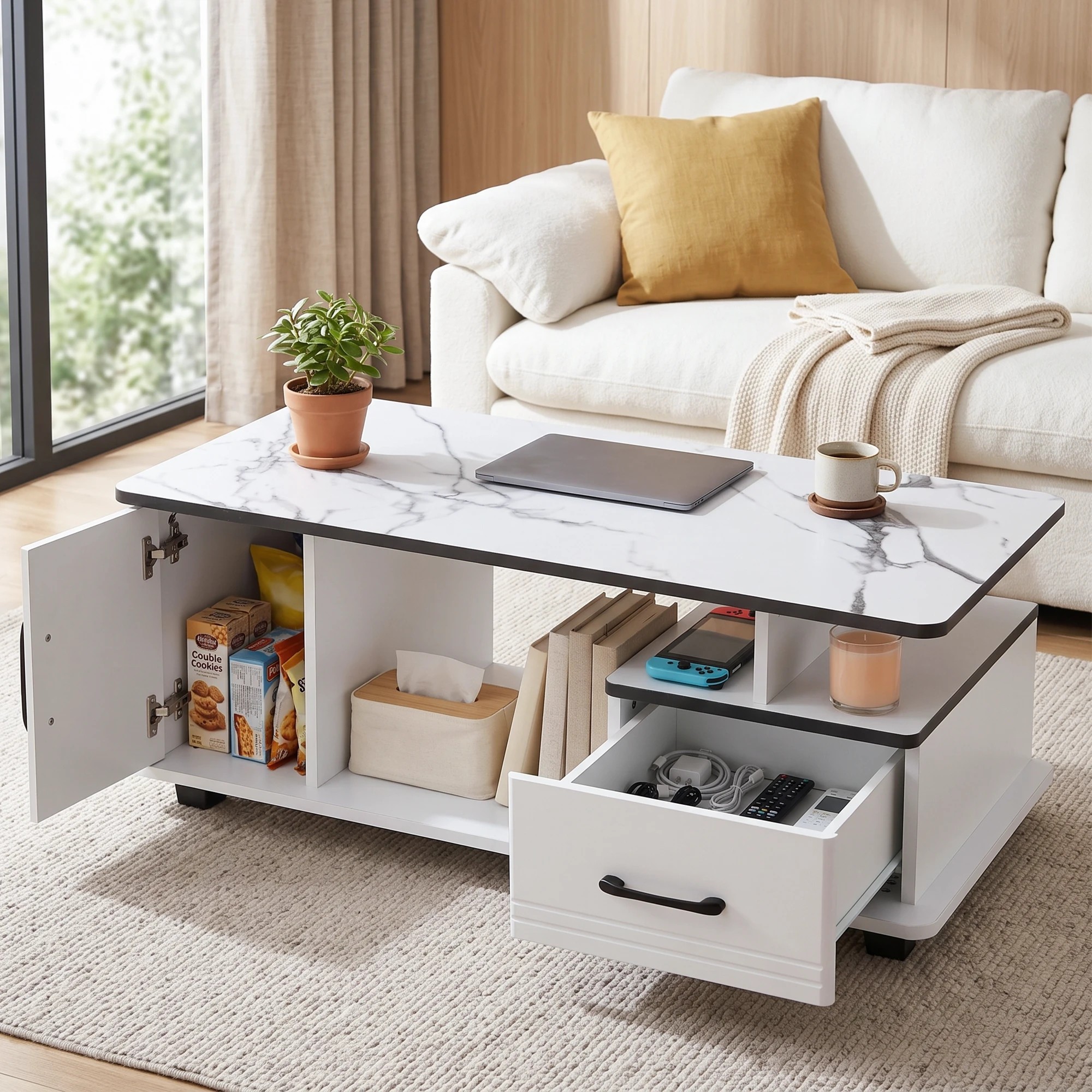 5 Artiss Table Marble Finish Center Table with Storage Drawer Cabinet Wood - White, 5 of 7