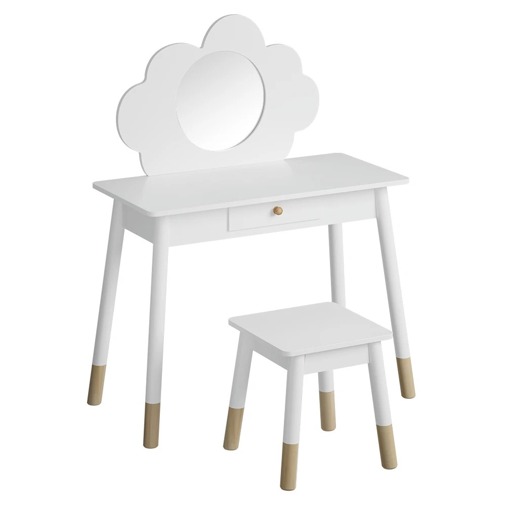 1 Keezi Kids Dressing Table Chair Set Vanity Makeup en Leg Mirror Drawer - White, 1 of 3