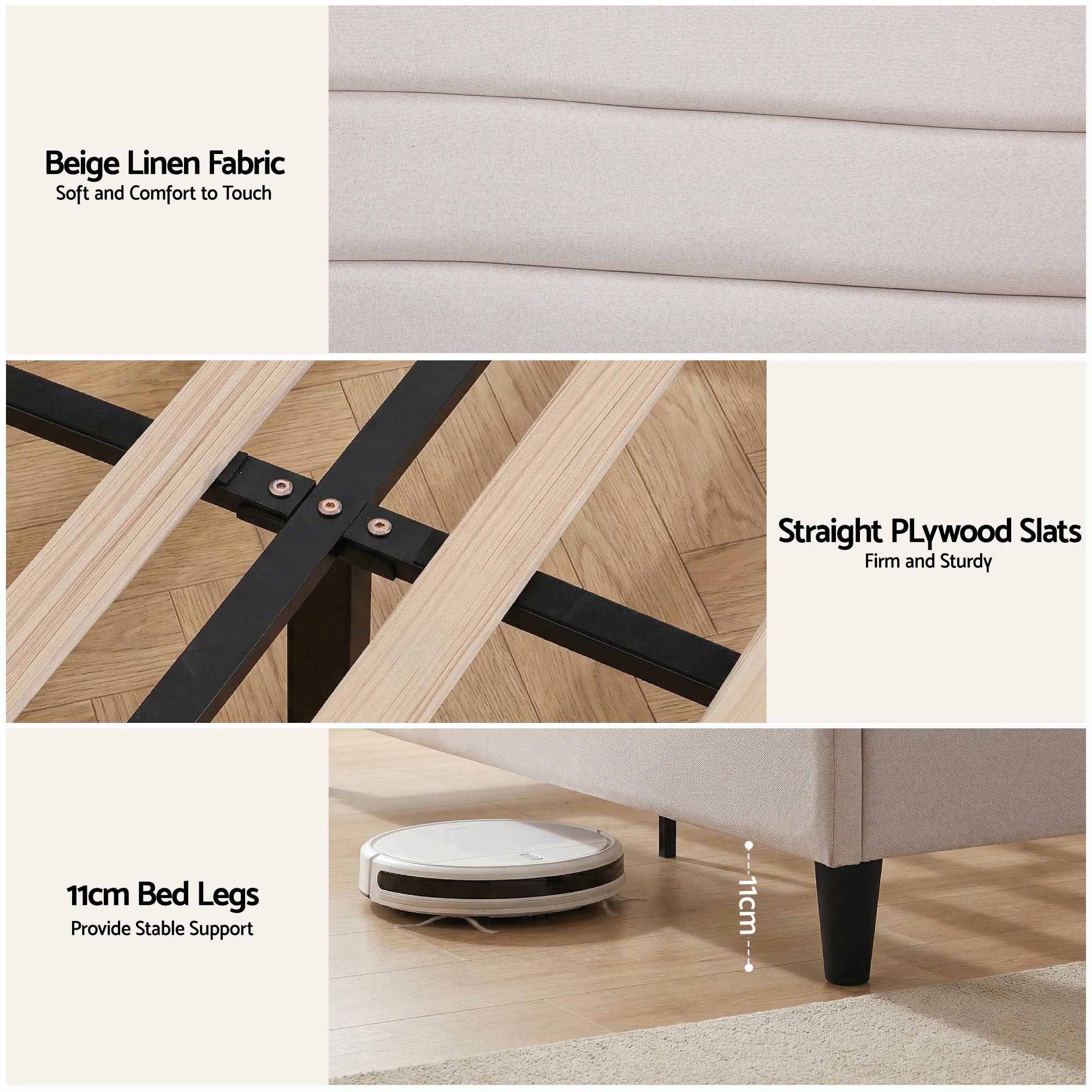 5 Artiss Queen Bed Frame with Storage Adjustable Headboard Platform Base Linen Fabric Charging Ports - Beige, 5 of 6