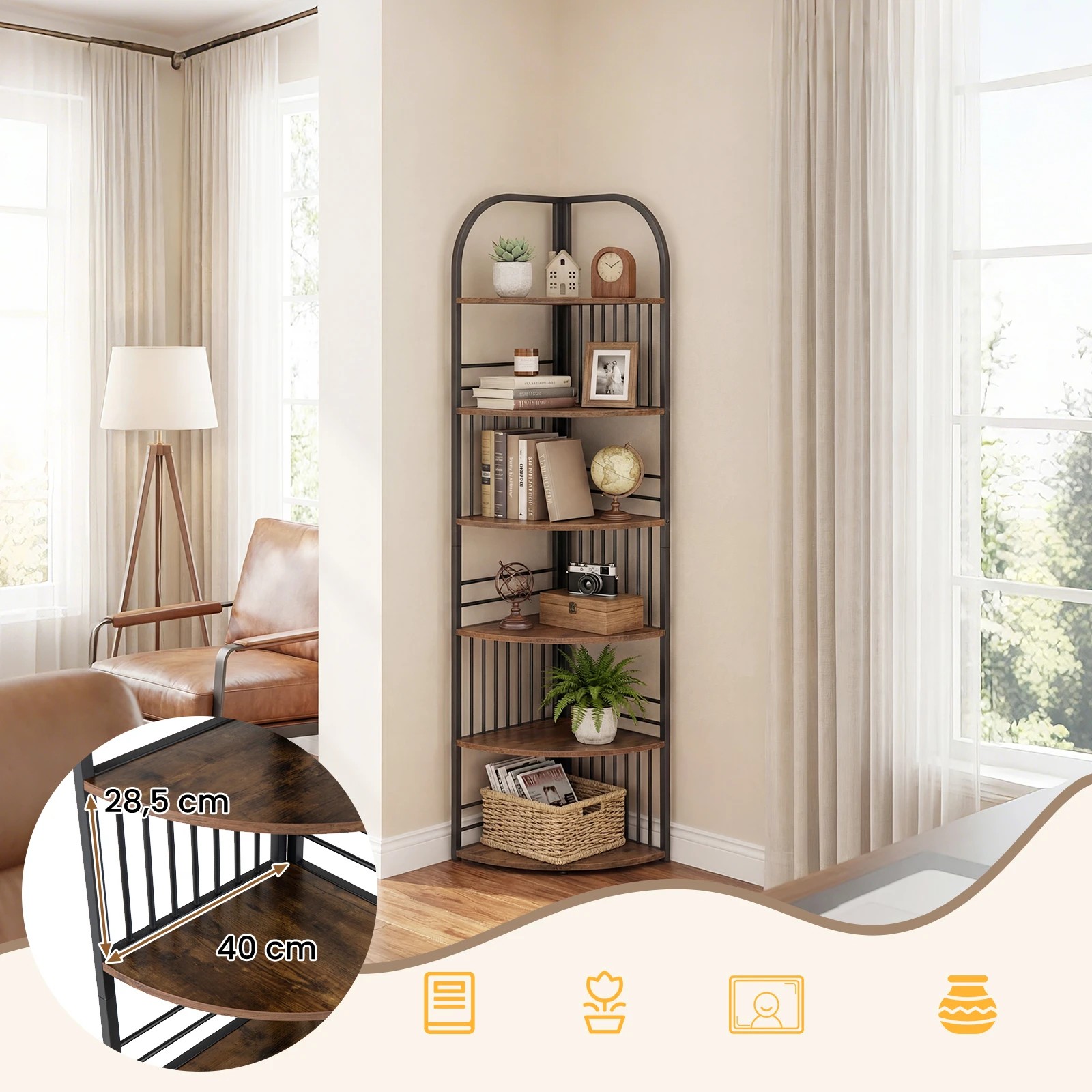 3 Costway 5-Tier Folding Bookshelf Corner Shelf Open Display Rack Metal Shelving Unit Plant Stand - Brown, 3 of 5