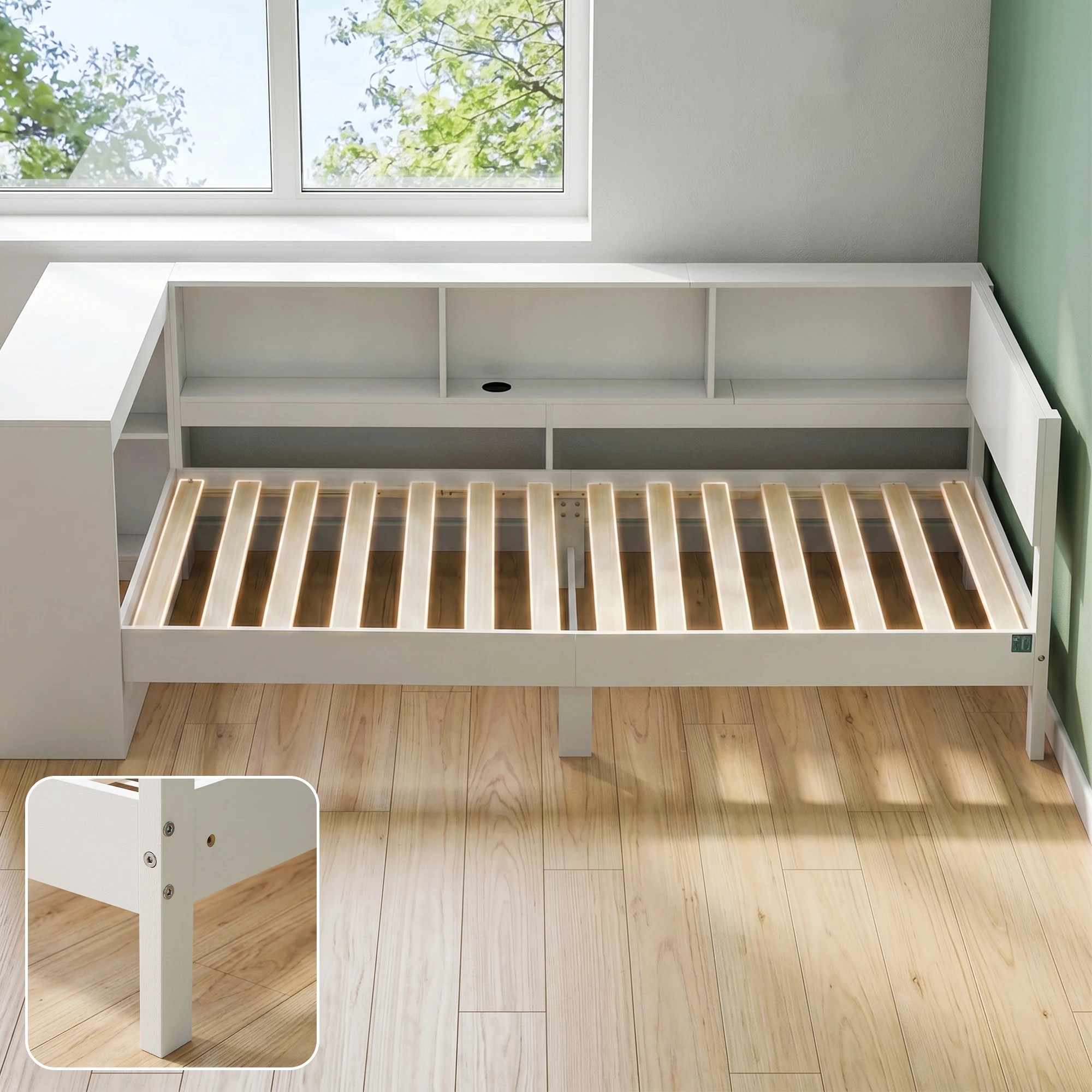 6 Artiss Single Solid Wood Corner Platform Bed Frame with Built-in Desk USB-C Charging Station - White, 6 of 8