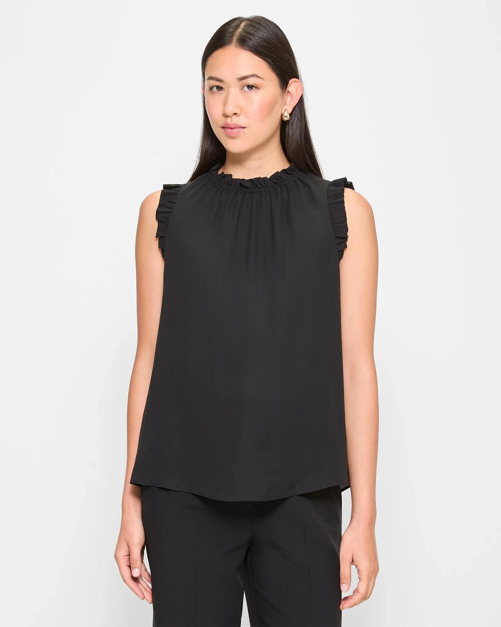 1 Sleeveless Ruffle Neck Tank Top - Preview BLACK, 1 of 5