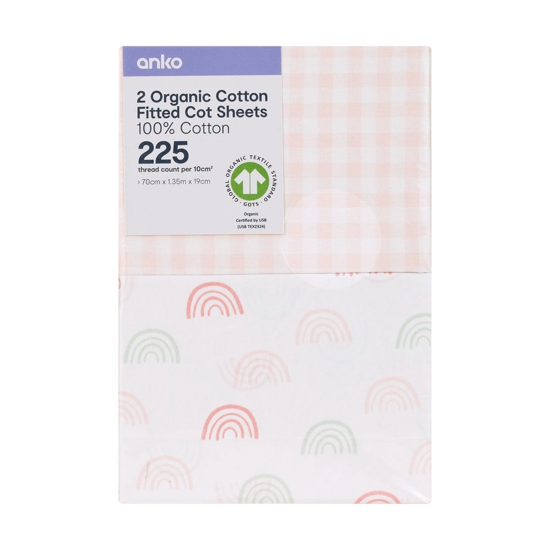 6 2 Pack Organic Cotton Fitted Cot Sheets - Rainbow and Pink Gingham, 6 of 6