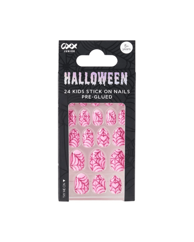 OXX Junior Halloween 24 Pack Kids Stick On Nails Pre-Glued - Glitter Webs, 