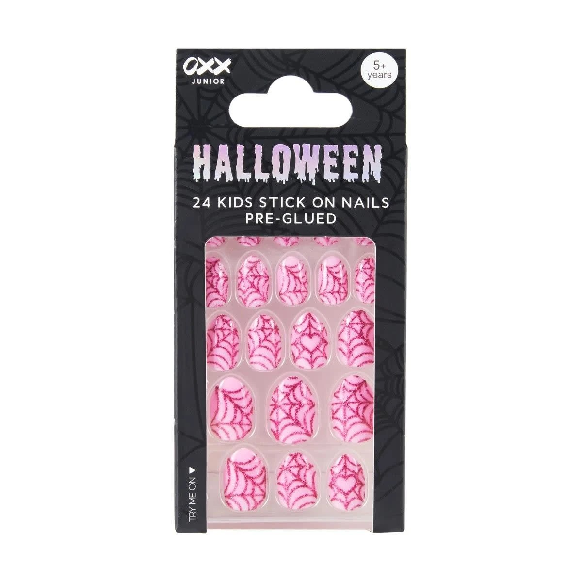 1 OXX Junior Halloween 24 Pack Kids Stick On Nails Pre-Glued - Glitter Webs, Pink, 1 of 4