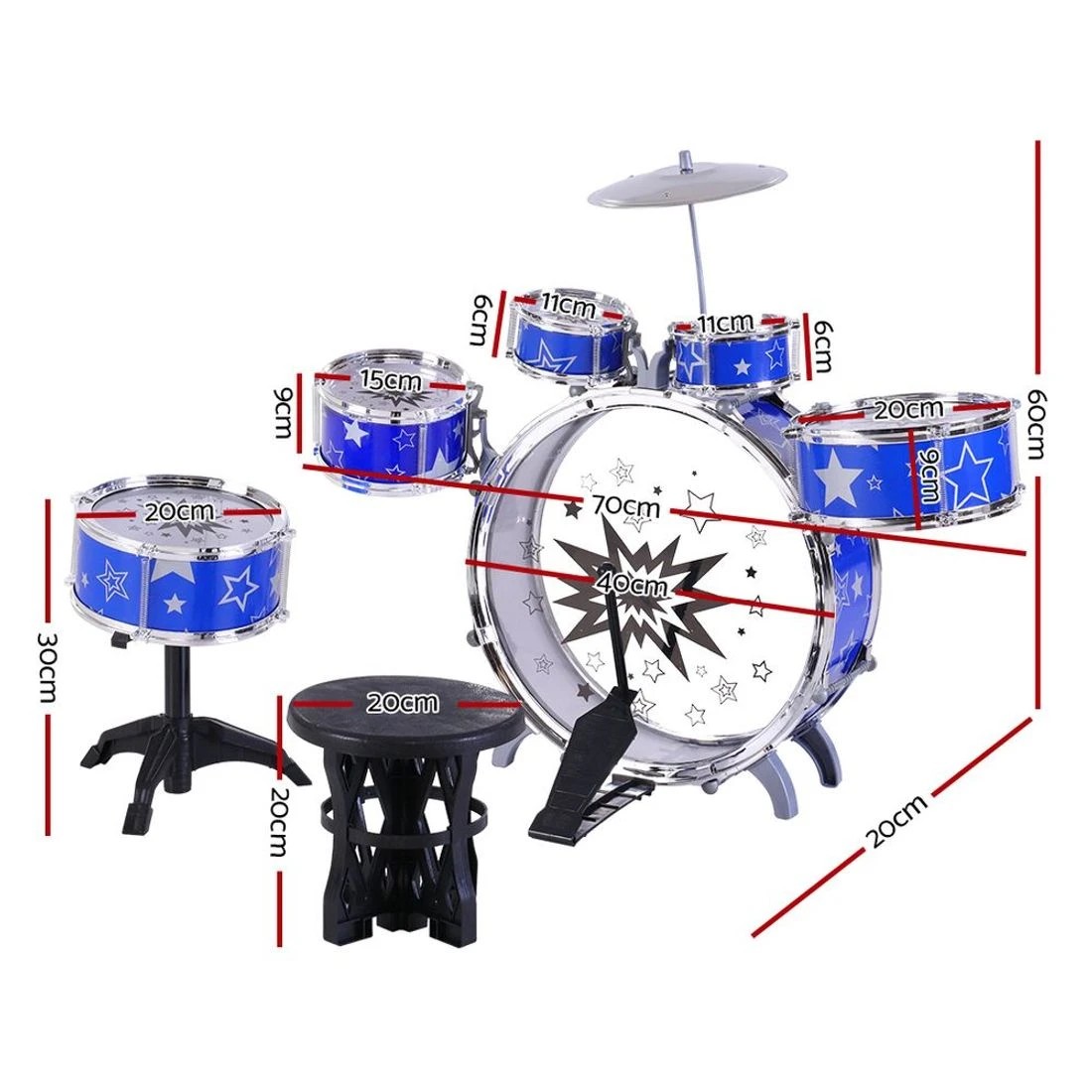 2 Keezi Kids Drum Kit Set Pretend Play Junior Drums Musical Toys Childrens 11pcs - Blue, 2 of 8