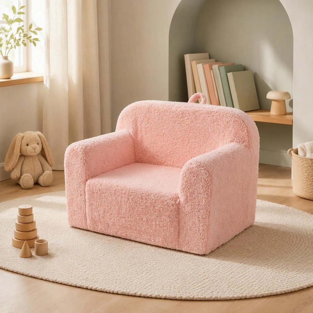 8 Costway Foam Couch Teddy Fleece Fabric Sofa Cute Reading Chair w/Handle - Pink, 8 of 8