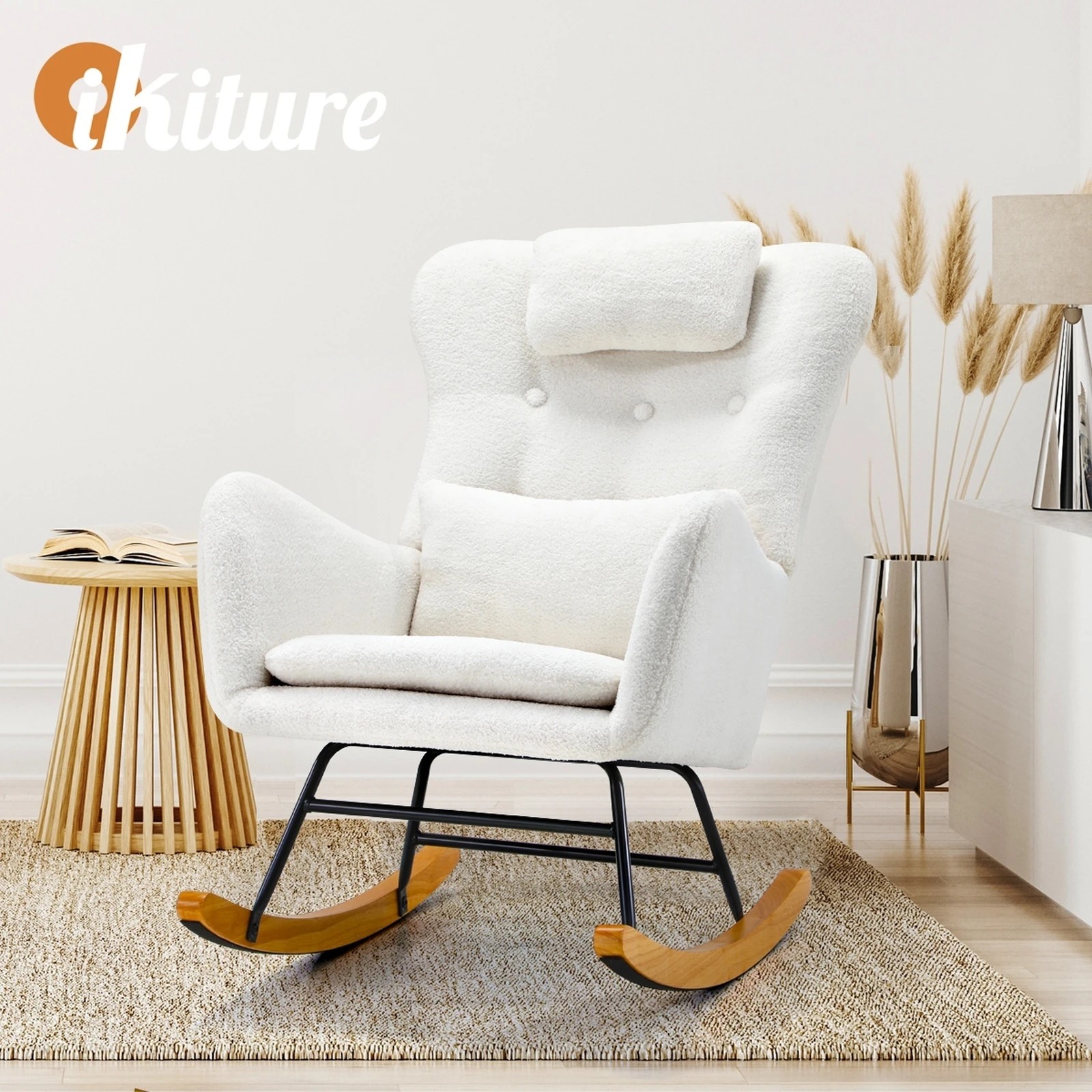 3 Oikiture Rocking Chair Nursing Armchair Sherpa Accent Chairs With 2 Pillow
 - White, 3 of 10