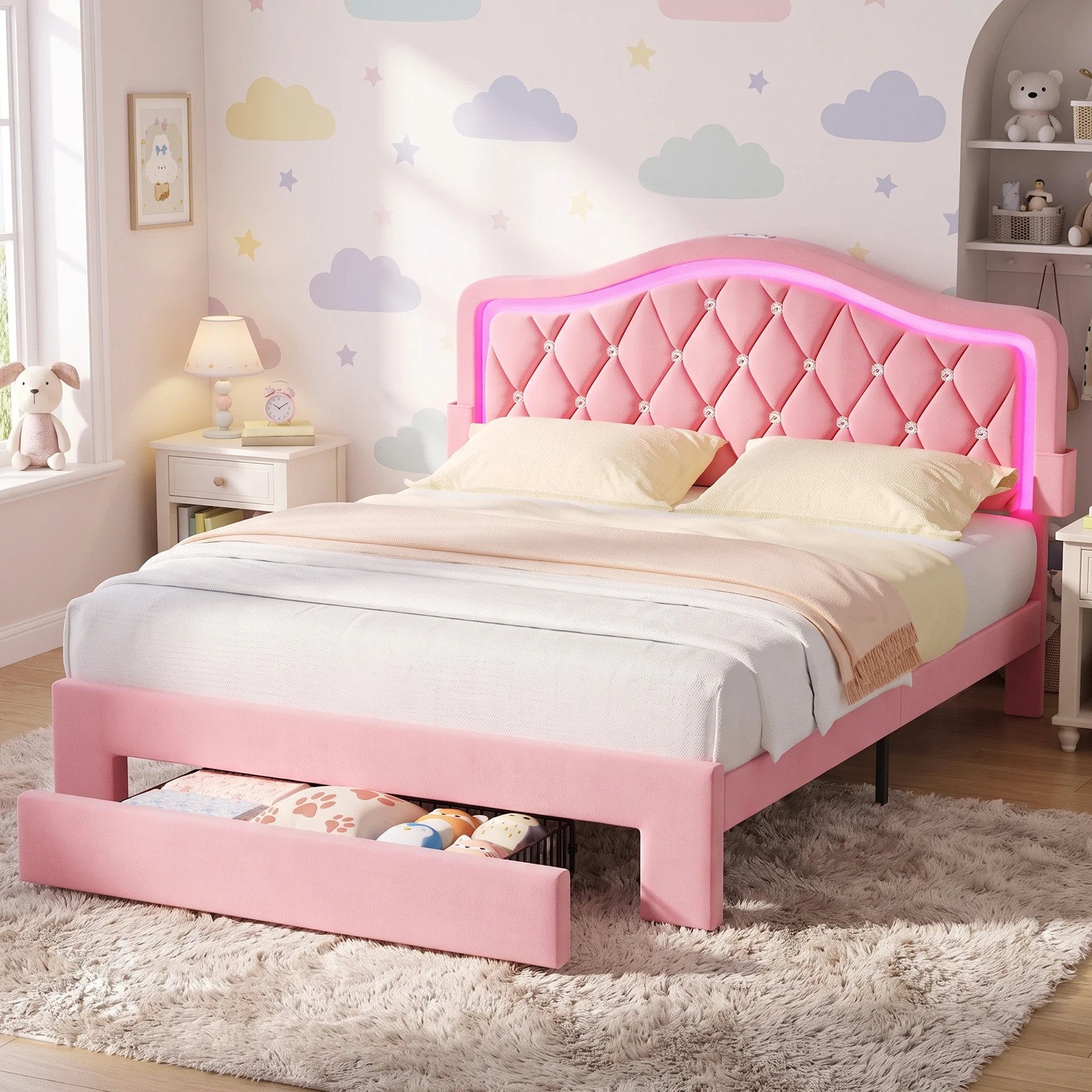 8 Advwin LED Velvet Bed Frame with Adjustable Headboard and Storage Drawer Double - Pink, 8 of 9