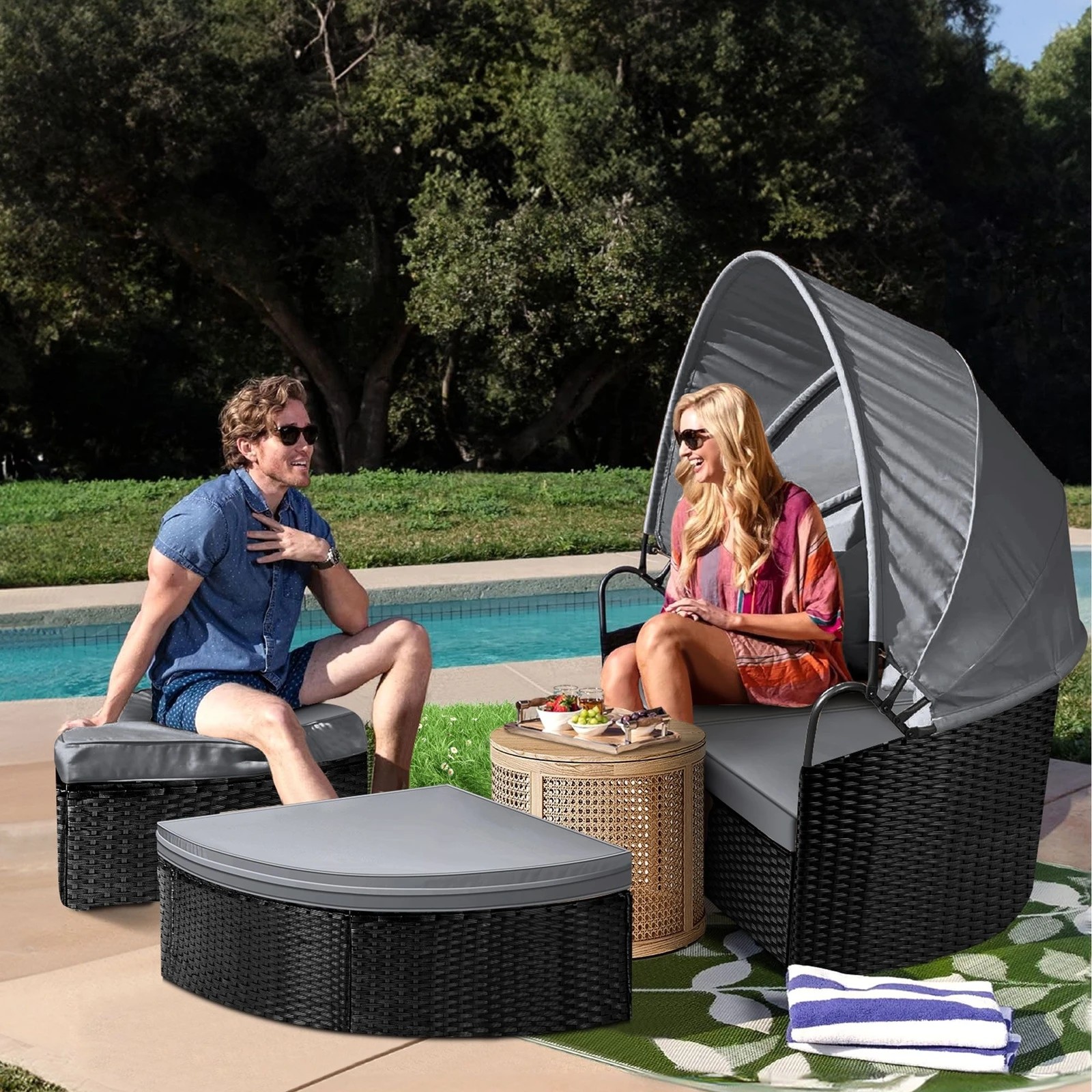 10 Alfordson Outdoor Sun Lounge Day Bed Wicker Furniture Sofa Bed Garden 3PCS - Black, 10 of 10
