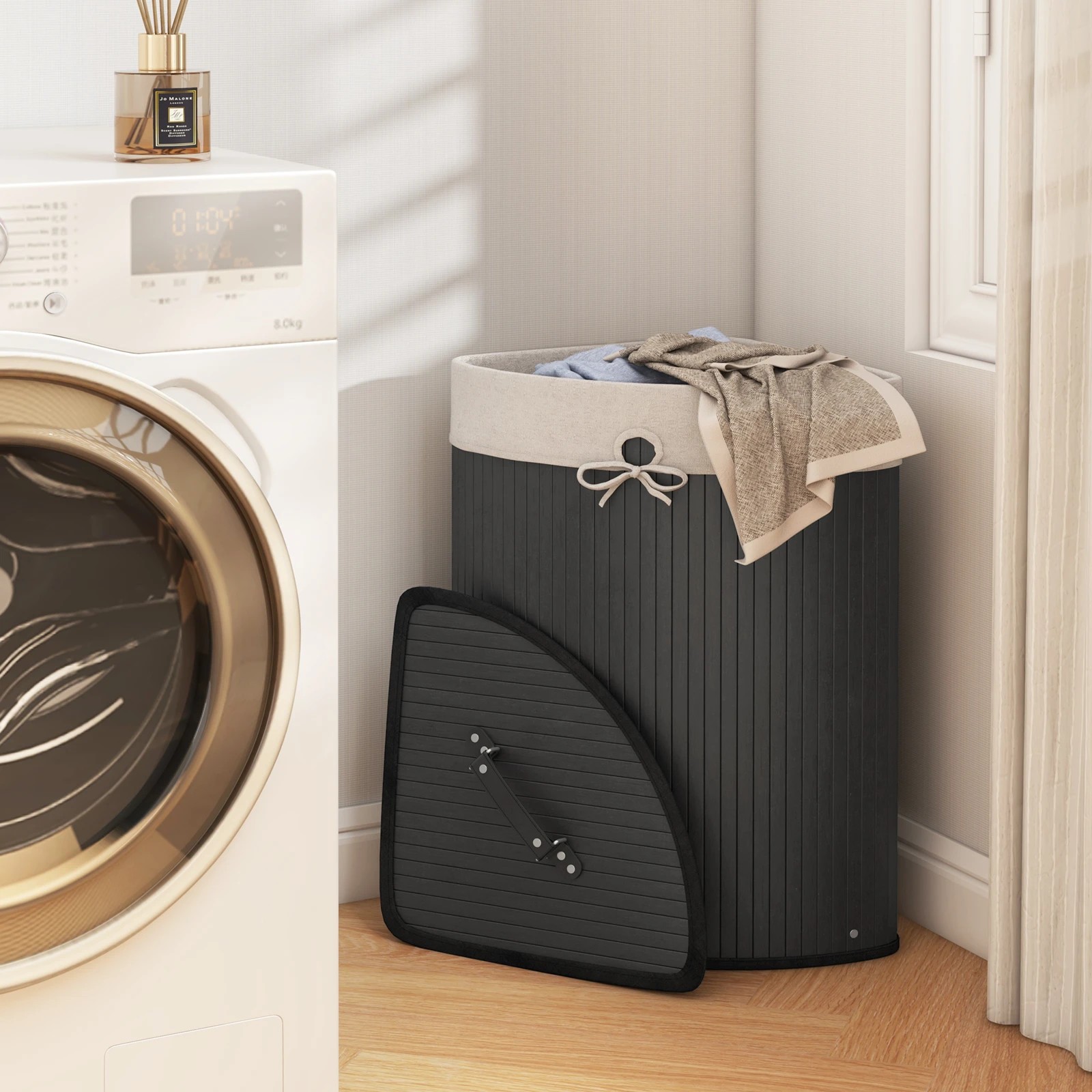 2 Costway 72L Bamboo Laundry Hamper Corner Storage Basket w/Lid - Black, 2 of 5