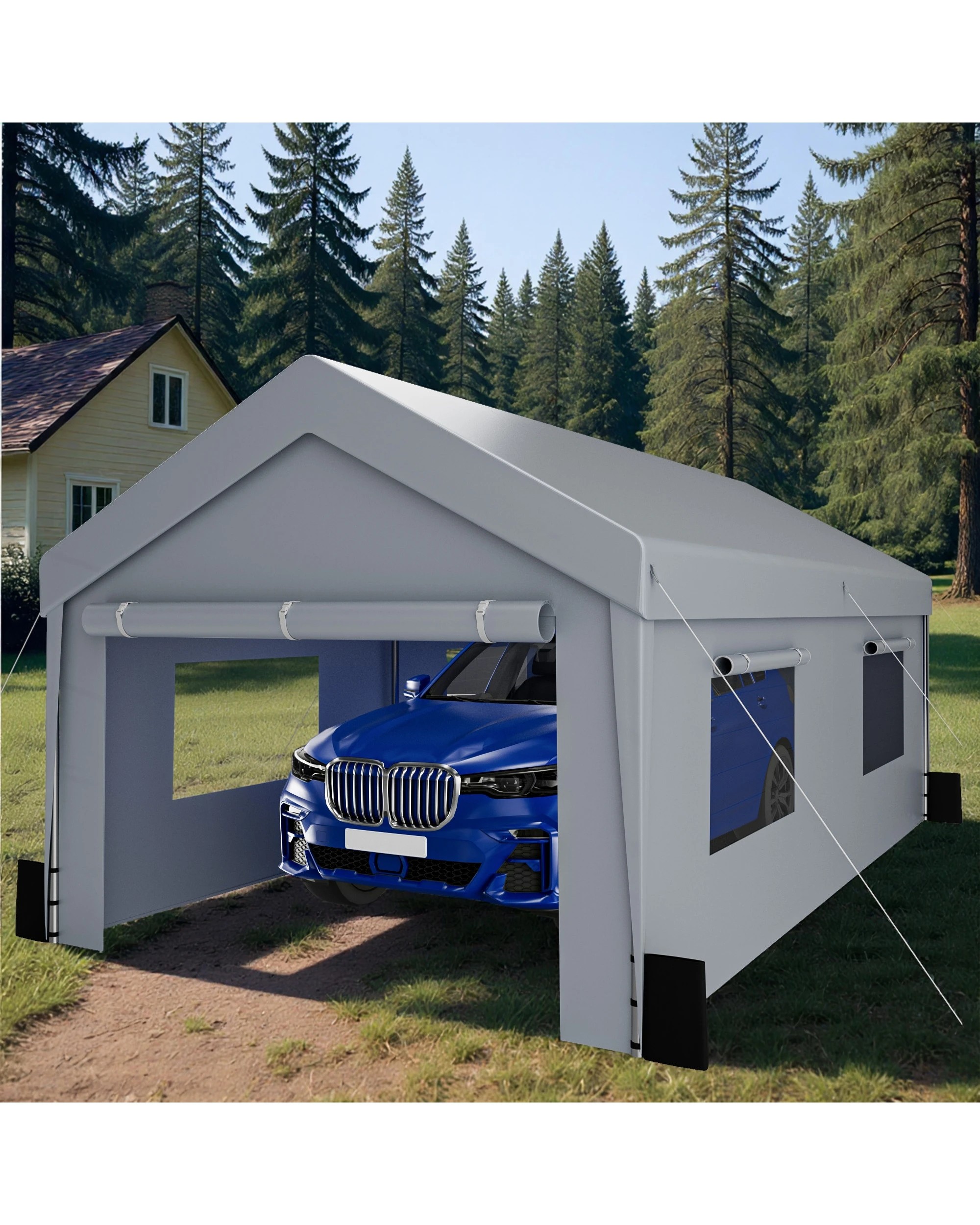 4 Advwin Carport 3x6m Outdoor Portable Garage with Removable and Roll-up Sidewalls/Doors - Grey, 4 of 6