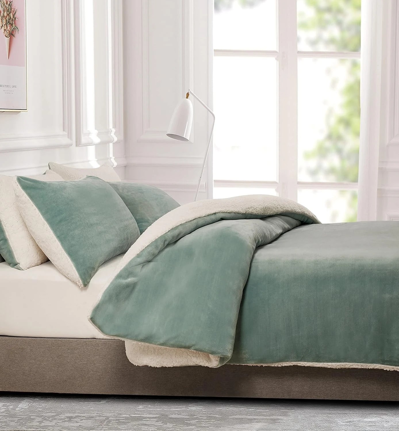 2 Gioia Casa 2-in-1 Teddy Sherpa Quilt Cover Set Warm Reversible - Single Bed - Sage, 2 of 8