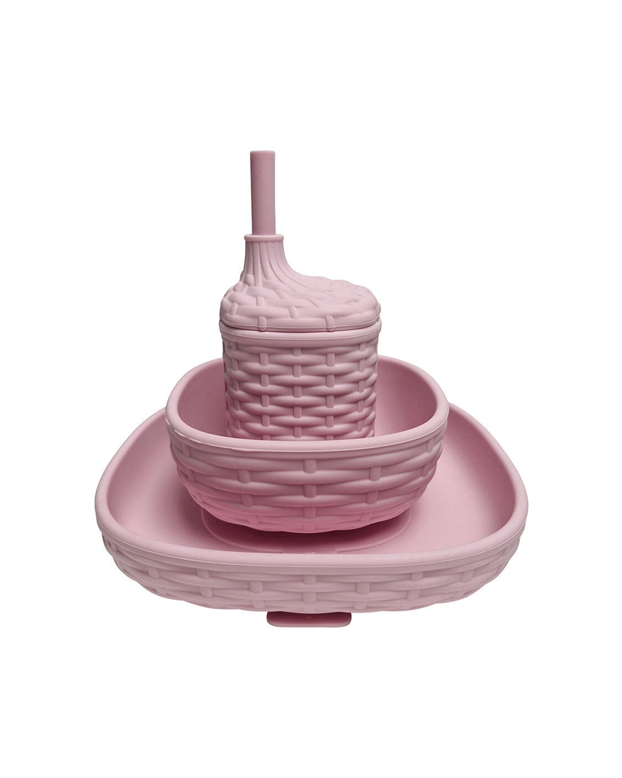 1 Annabel Trends 3pc Silicone Rattan-Look Baby Feeding Dinner Set - Pink, 1 of 3