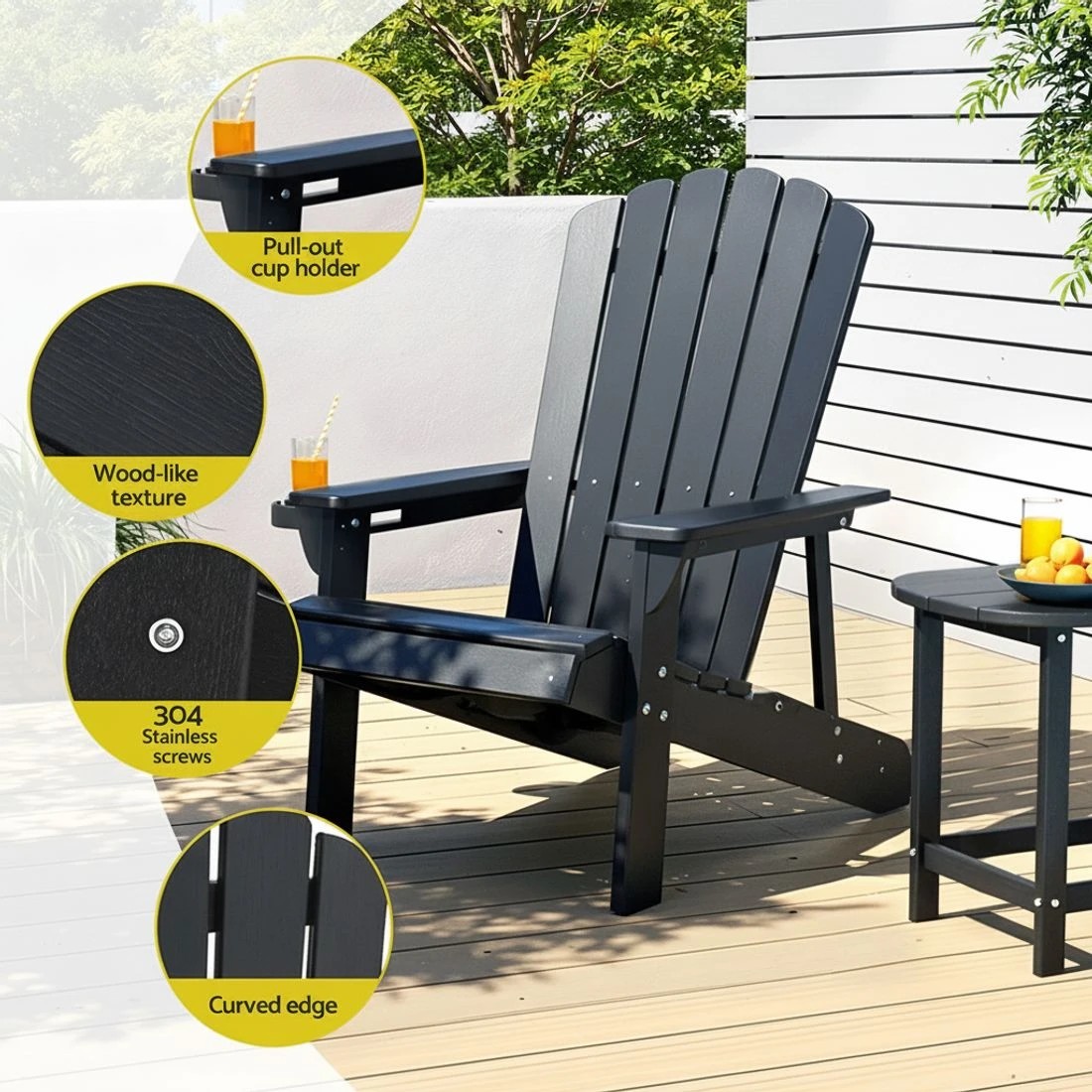 4 Gardeon Outdoor Chairs HDPE Adirondack Beach Chair Sun Lounge Patio Furniture Garden - Black, 4 of 6