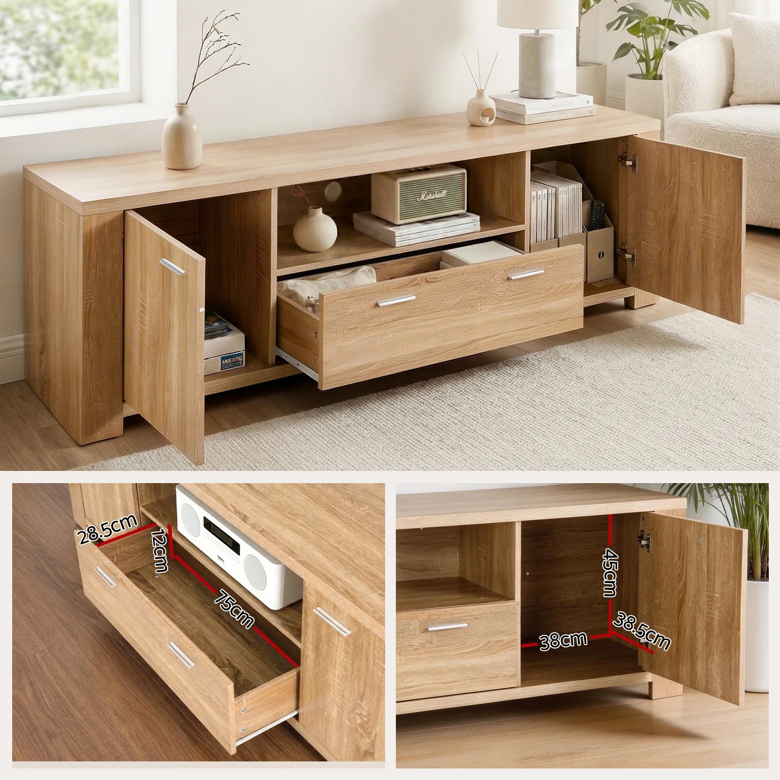 5 Artiss 180cm TV Unit Entertainment Unit Storage Drawer Cabinet Pine - Natural, 5 of 9