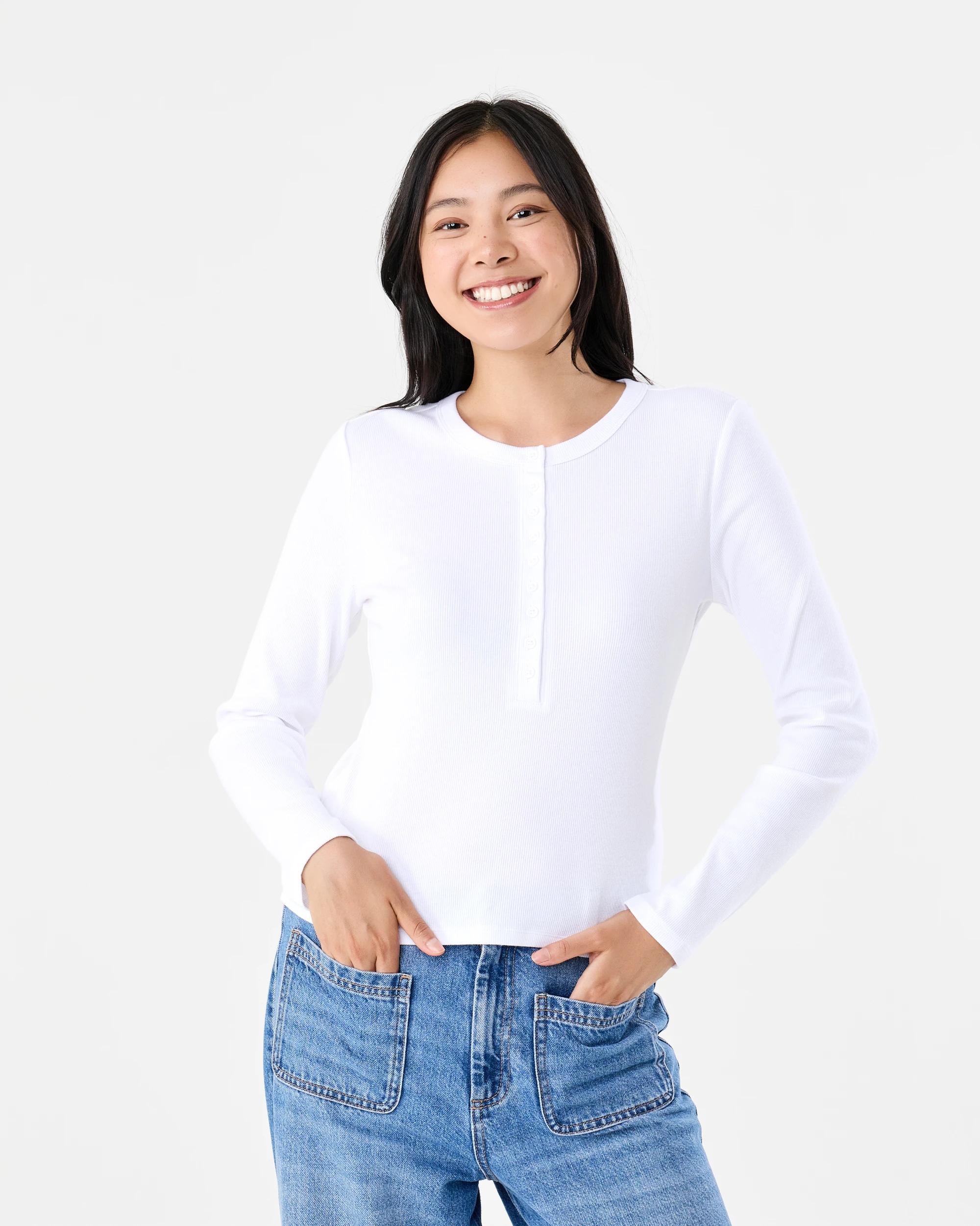 1 Long Sleeve Rib Henley Top White, 1 of 6