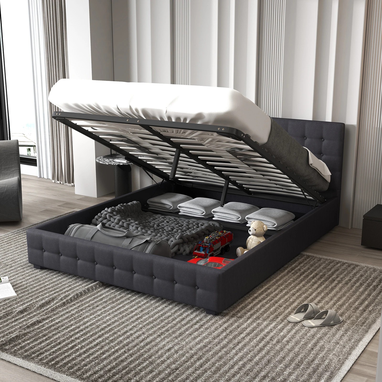 10 Milano Decor Eden Gas Lift Bed With Headboard Platform Storage Fabric - King Bed - Grey, 10 of 10