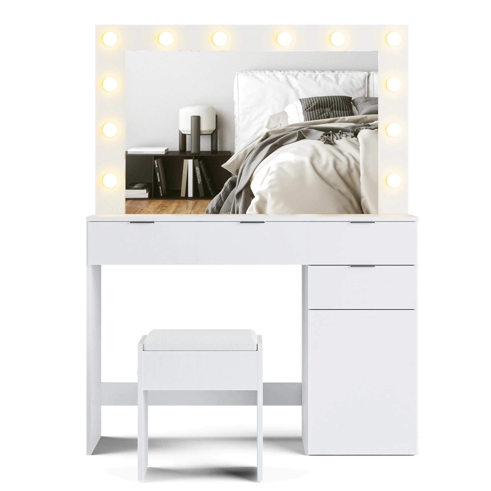 1 Advwin Dressing Table Stool Set With Mirror 12 Led Bulbs Vanity Desk
 - White, 1 of 10