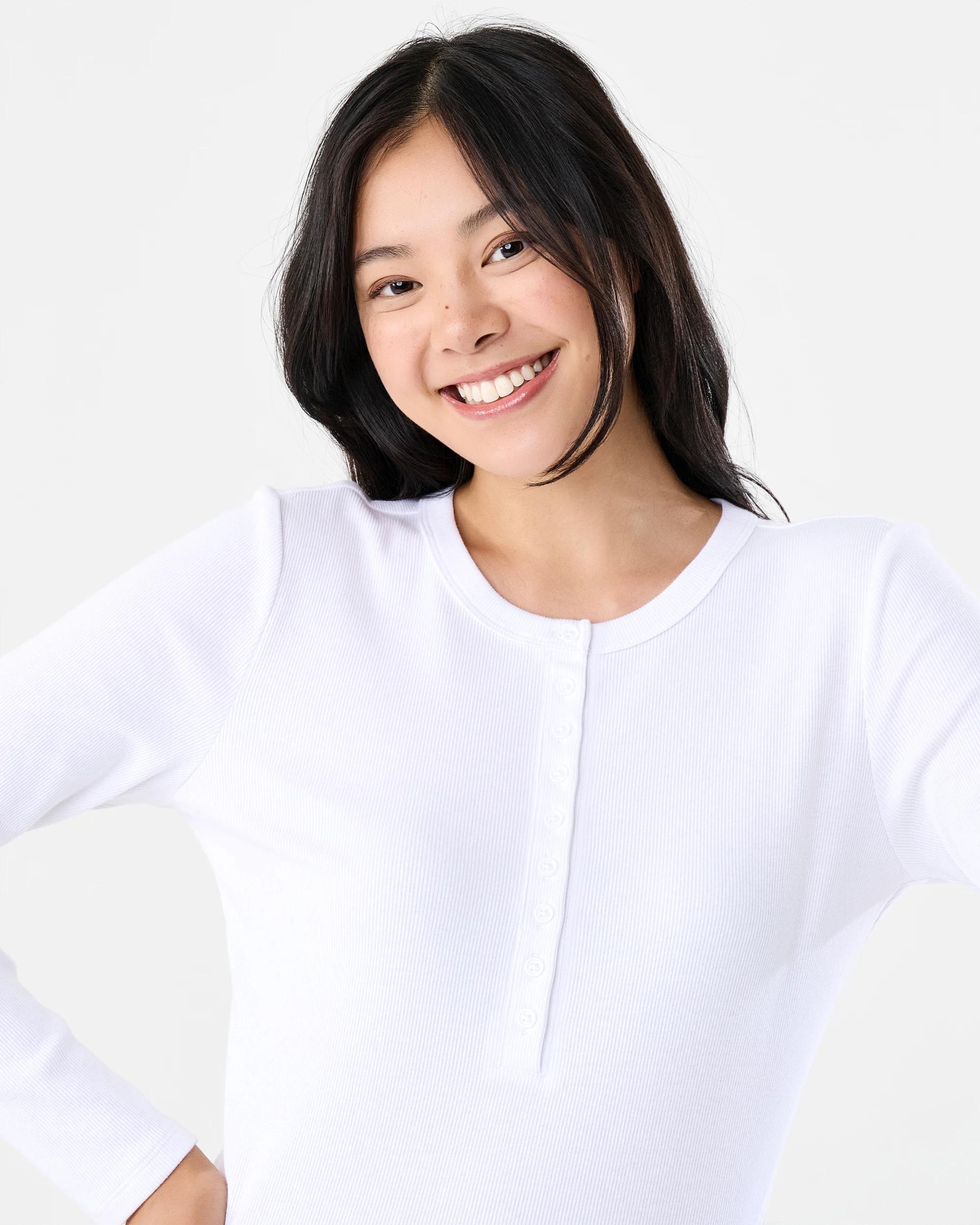 4 Long Sleeve Rib Henley Top White, 4 of 6