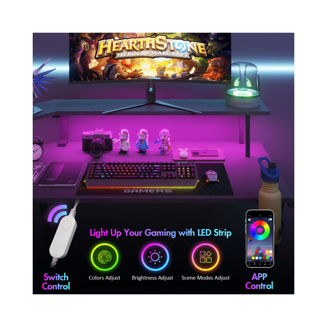 6 Advwin 126cm L Shaped Gaming Desk With Led Lights & Power Outlets Computer Desk Black, 6 of 10