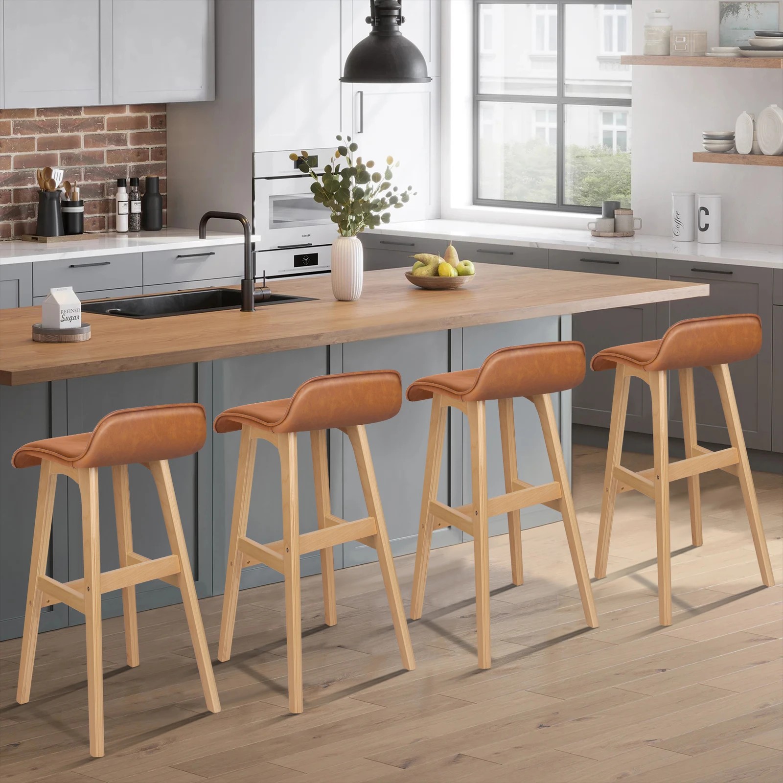 2 Alfordson 4x Wooden Bar Stools 74cm Kitchen Dining Chair Leather Samuel - Brown, 2 of 10