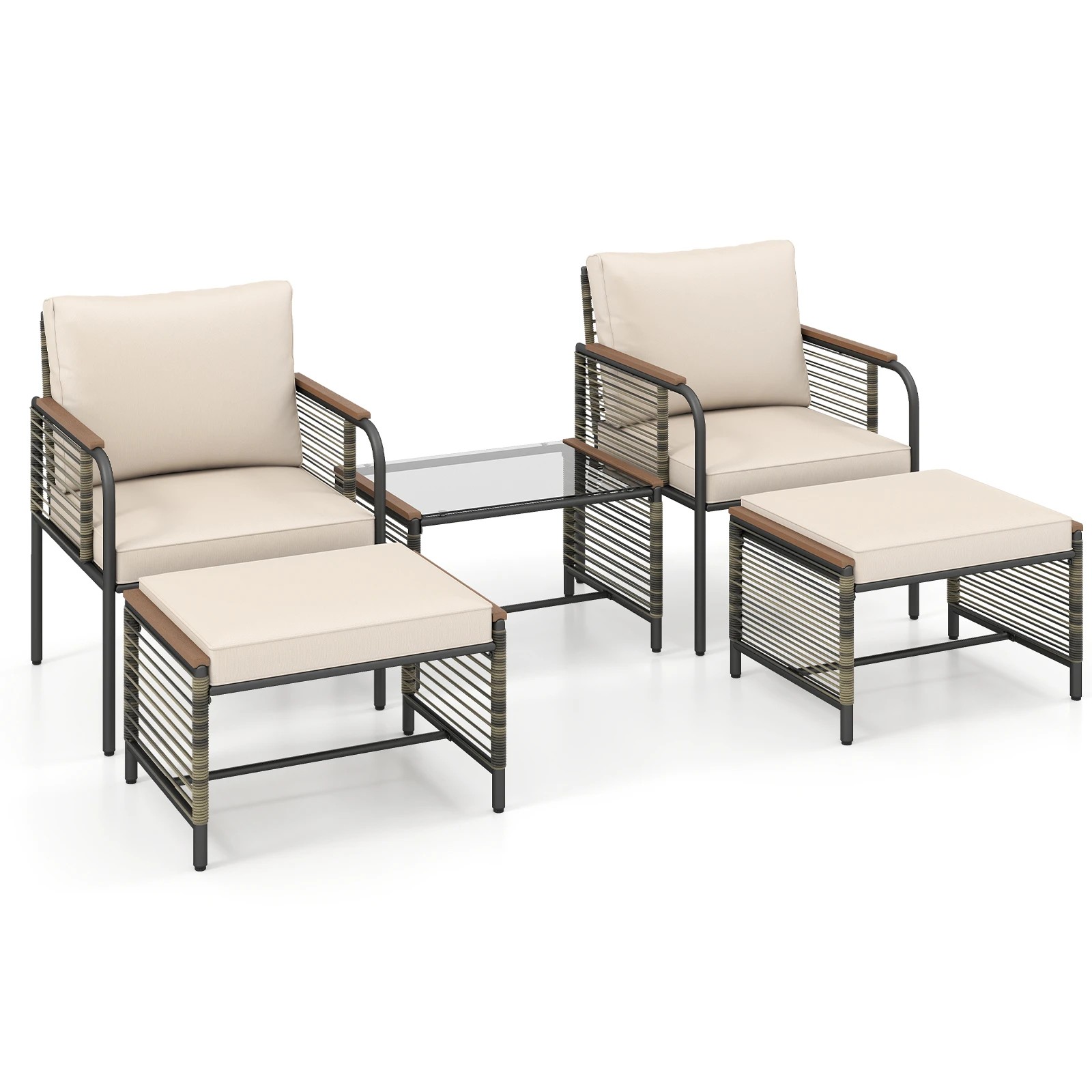 1 Costway 5 PCS Patio Rattan Wicker Furniture Set w/2 Chairs 2 Ottomans Glass Coffee Table, 1 of 1