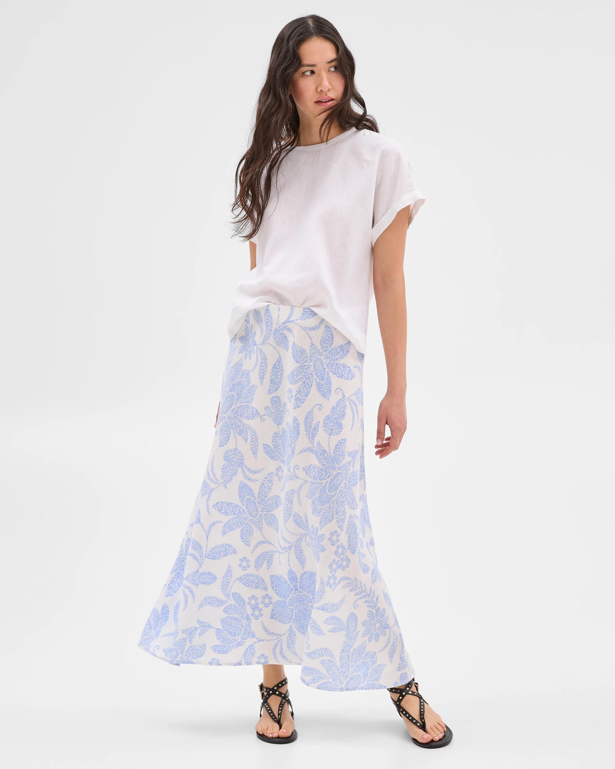 1 Target European Linen Bias Cut Midi Skirt BLUE/WHITE PRINT, 1 of 6