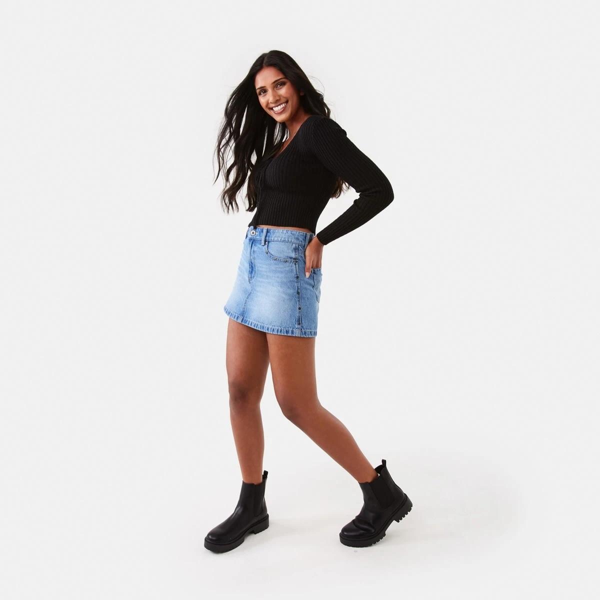 5 Studded Denim Mini Skirt Mid Wash, 5 of 9