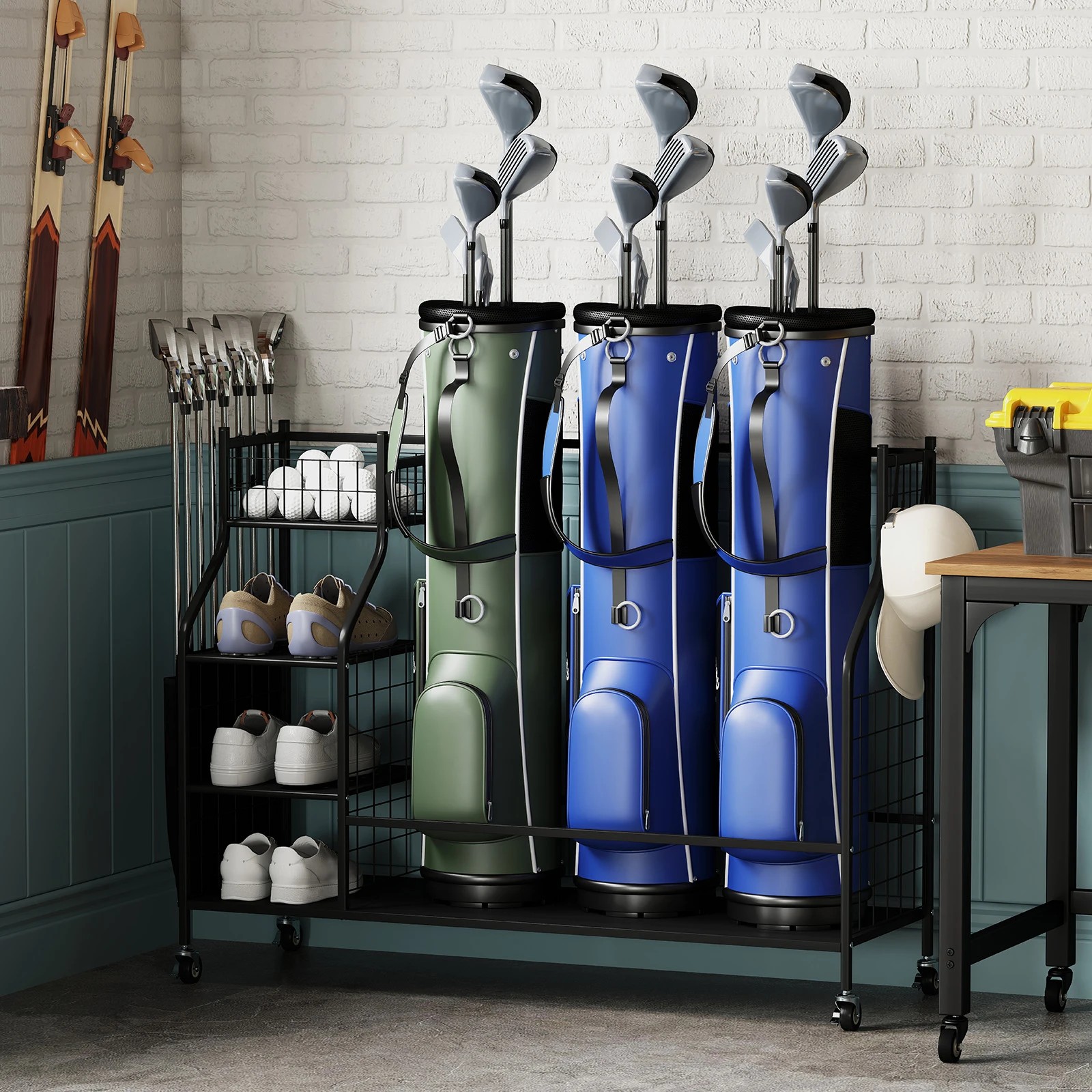 2 Costway Golf Bag Organizer w/Lockable Wheels & Removable Hooks Golf Storage Rack Holder - Black, 2 of 2