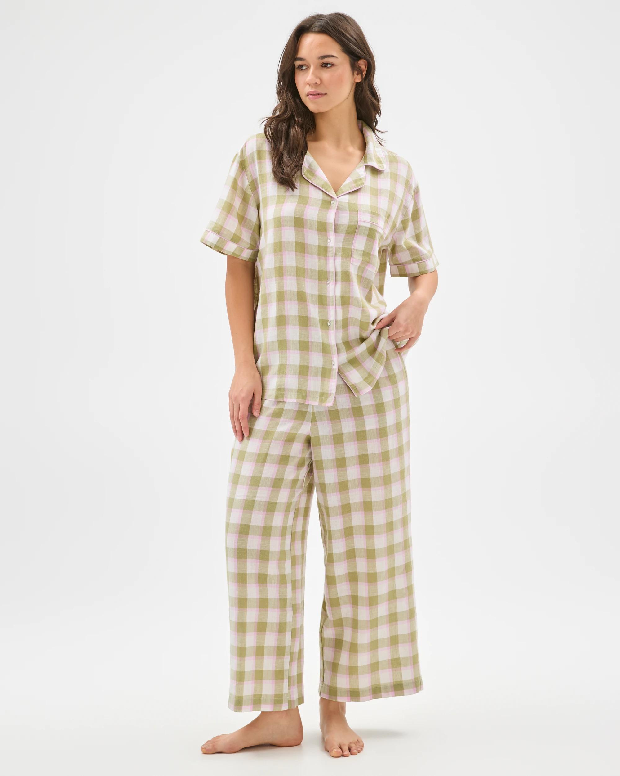 1 Target Woman Linen Blend 7/8 Length Pyjama Set GREEN CHECK, 1 of 6