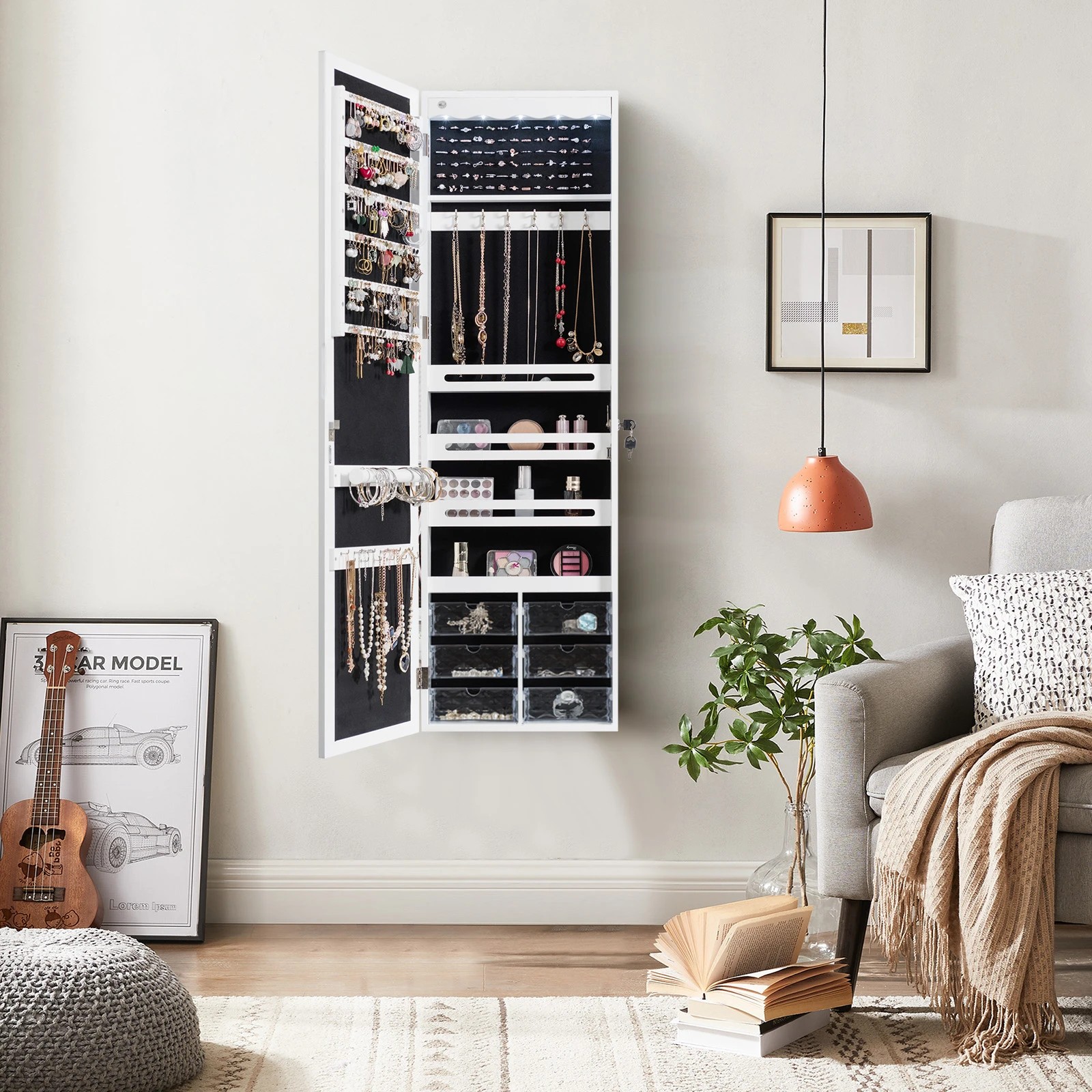 2 Costway Jewellery Storage Cabinet w/Full Lenth Mirror Wall/Door Mounted Jewellery Organizer - White, 2 of 4