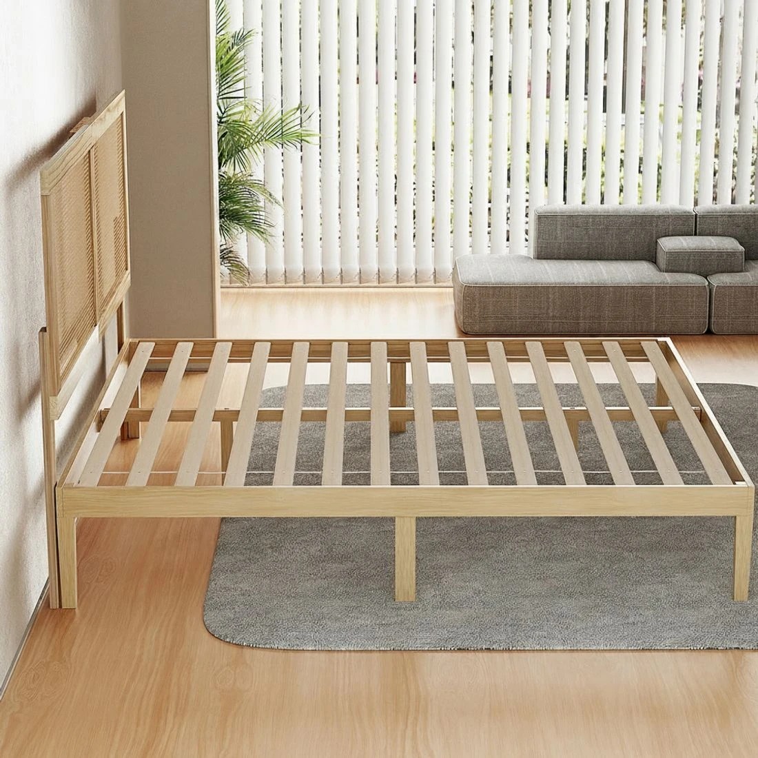 5 Artiss Bed Frame Queen Size with Rattan Headboard Wooden Bed Base BRUNO - Multi, 5 of 7