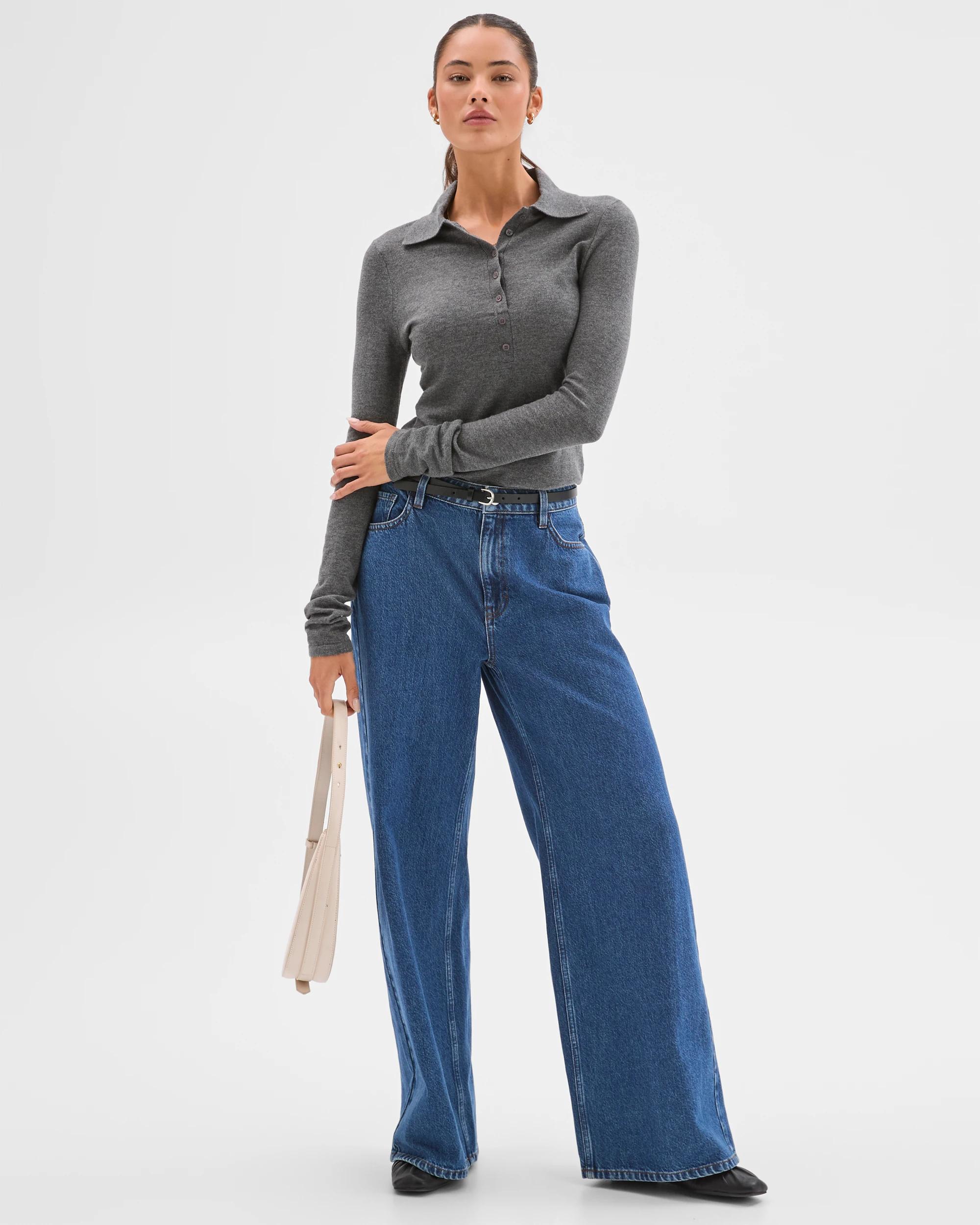 1 Lily Loves Long Sleeve Knit Polo Top GRAPHITE MARLE, 1 of 7