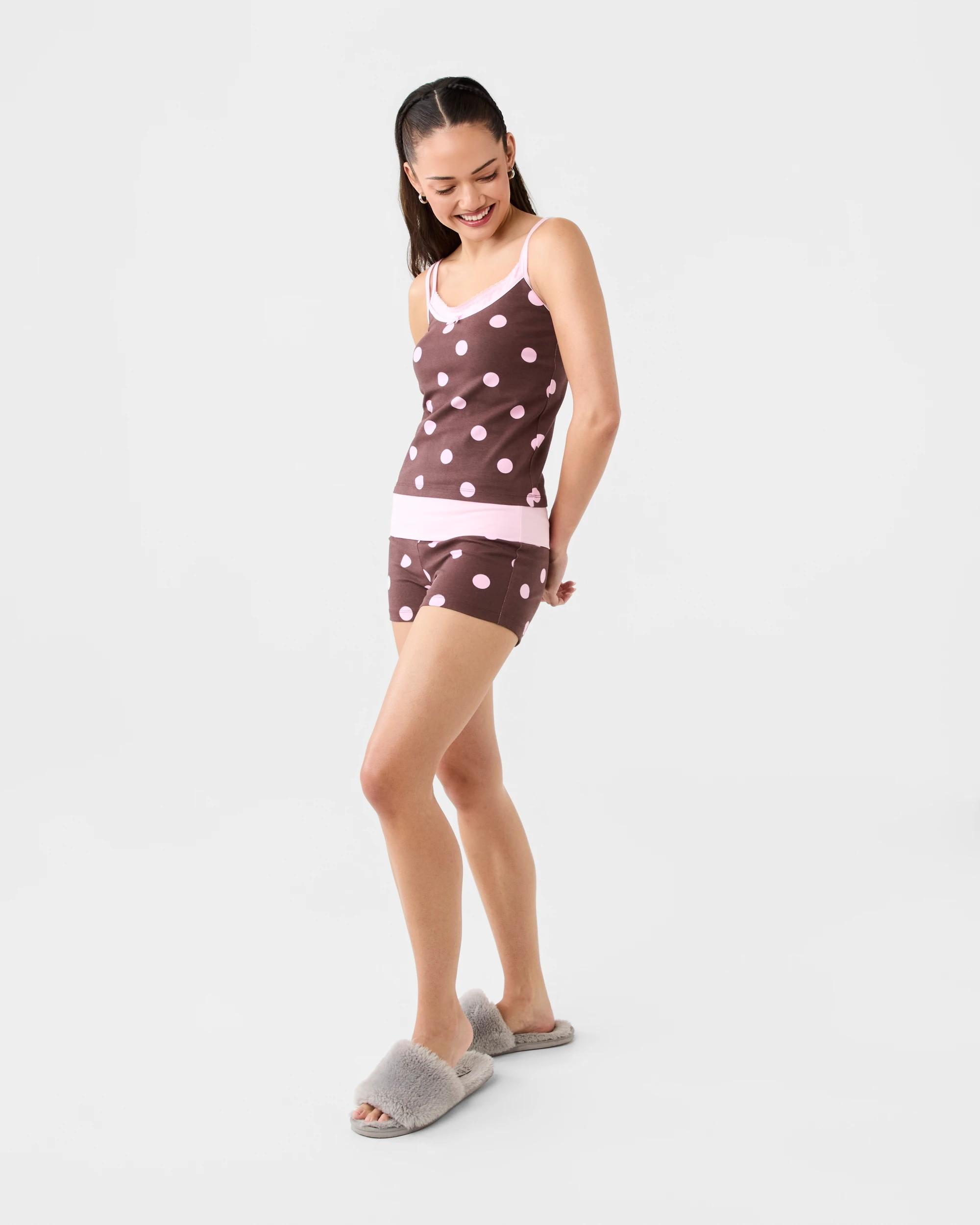 3 Double Layer Cami and Shorts Pyjama Set Bwn Pk Dot, 3 of 8