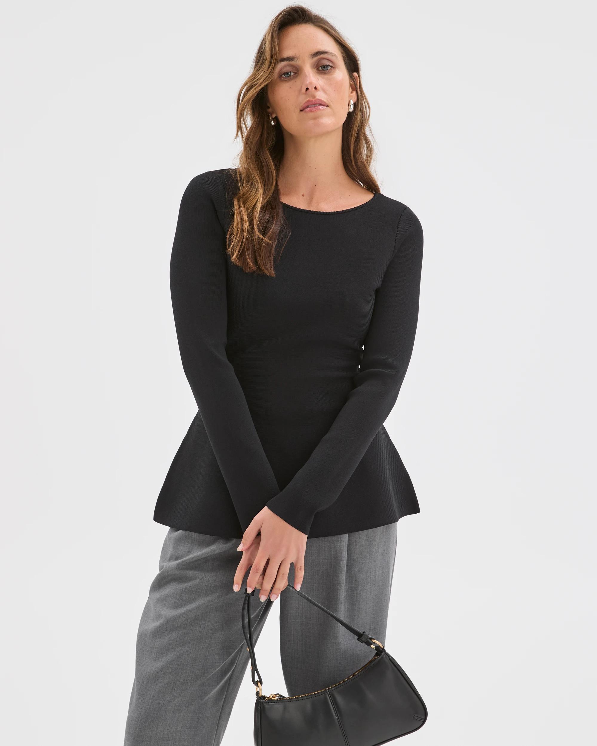 1 Preview Long Sleeve Peplum Crepe Knit Top BLACK, 1 of 7