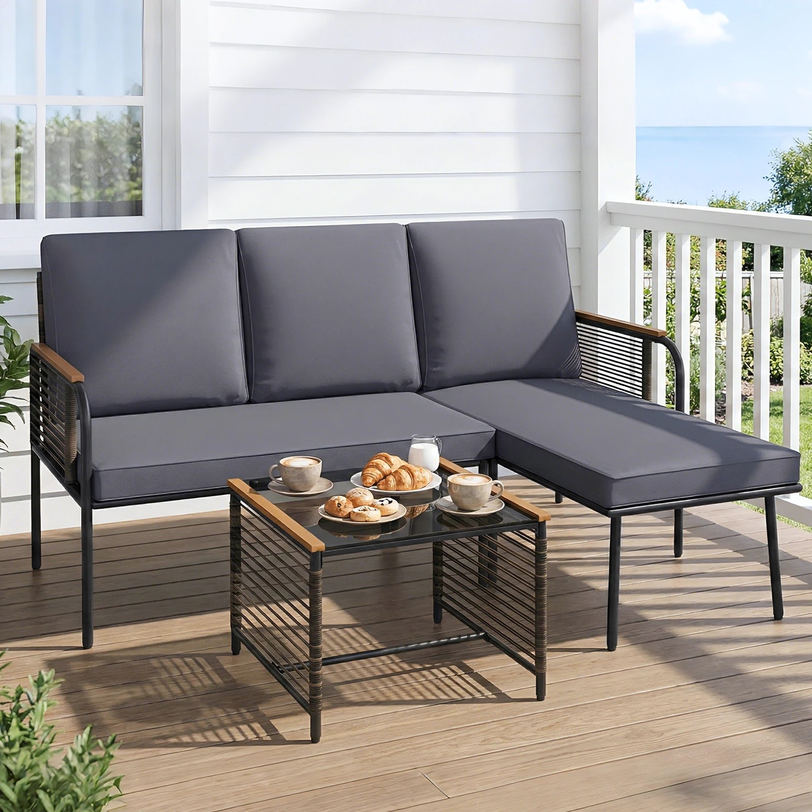 2 Costway 3 PCS Patio Corner Conversation Set L Shaped Wicker Sofa w/Cushions Glass Table, 2 of 3