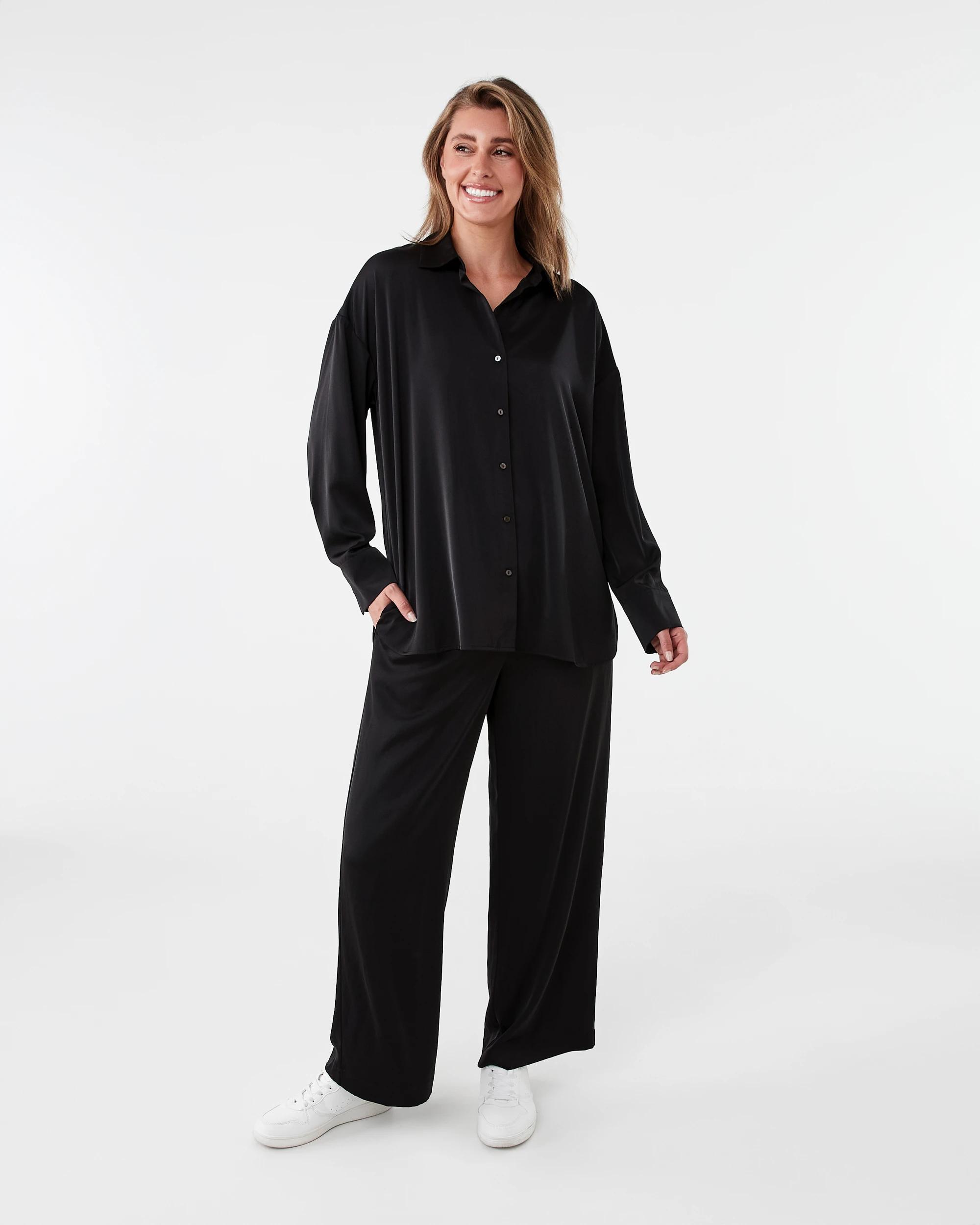 10 Long Sleeve Oversized Satin Shirt Black, 10 of 10