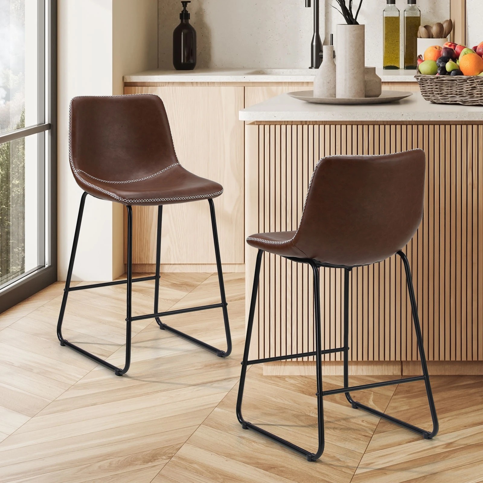 2 Oikiture 2x Bar Stools Kitchen Dining Chairs Leather Padded Stool
 - Brown, 2 of 10