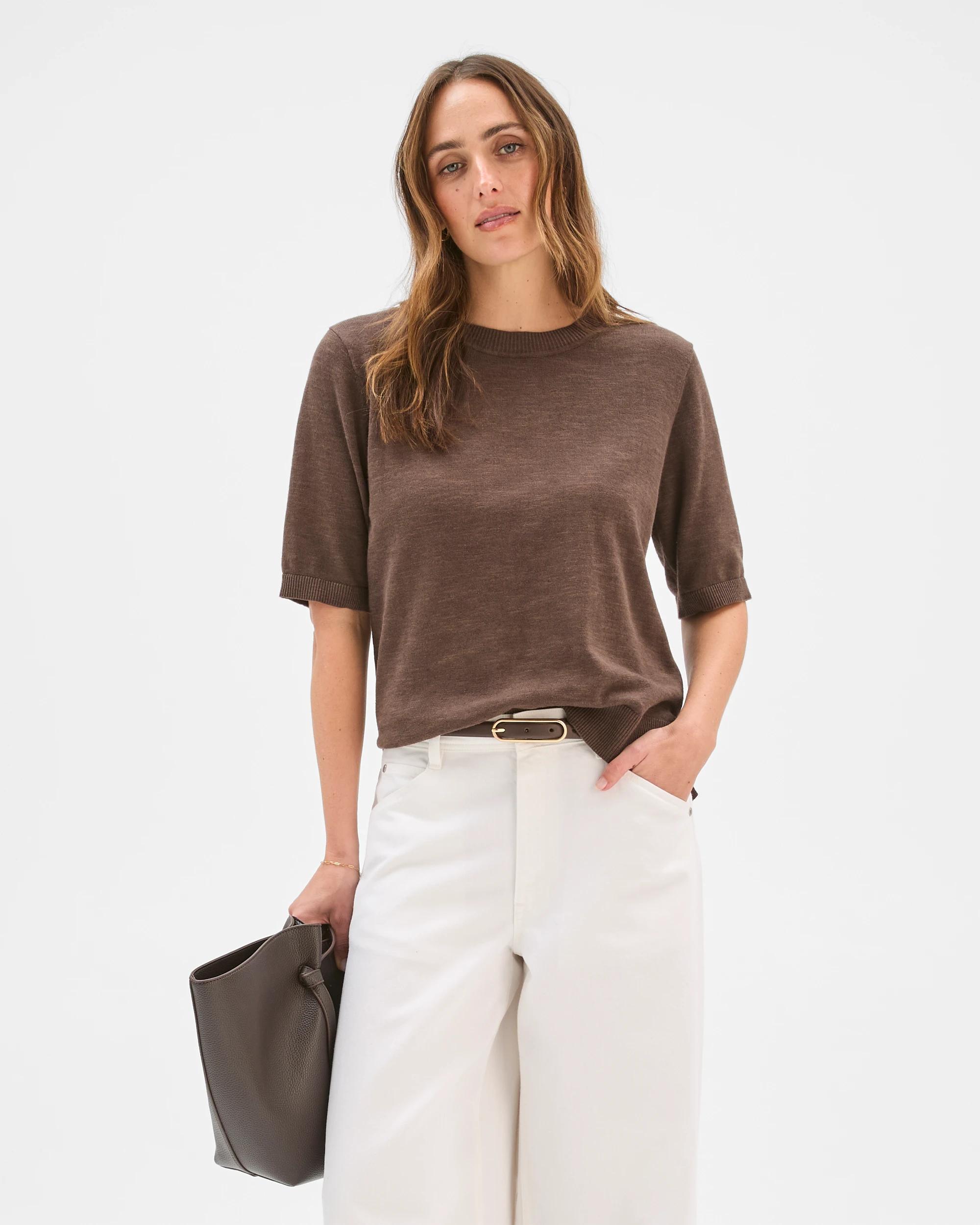 1 Target Woman Australian Cotton/Linen Blend Knit T-Shirt COFFEE BEAN, 1 of 6