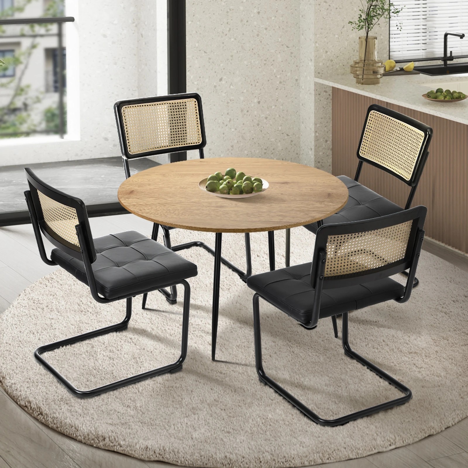 3 Oikiture 110cm Round Dining Table with 4PCS Dining Chairs Leather Padded - Black, 3 of 9