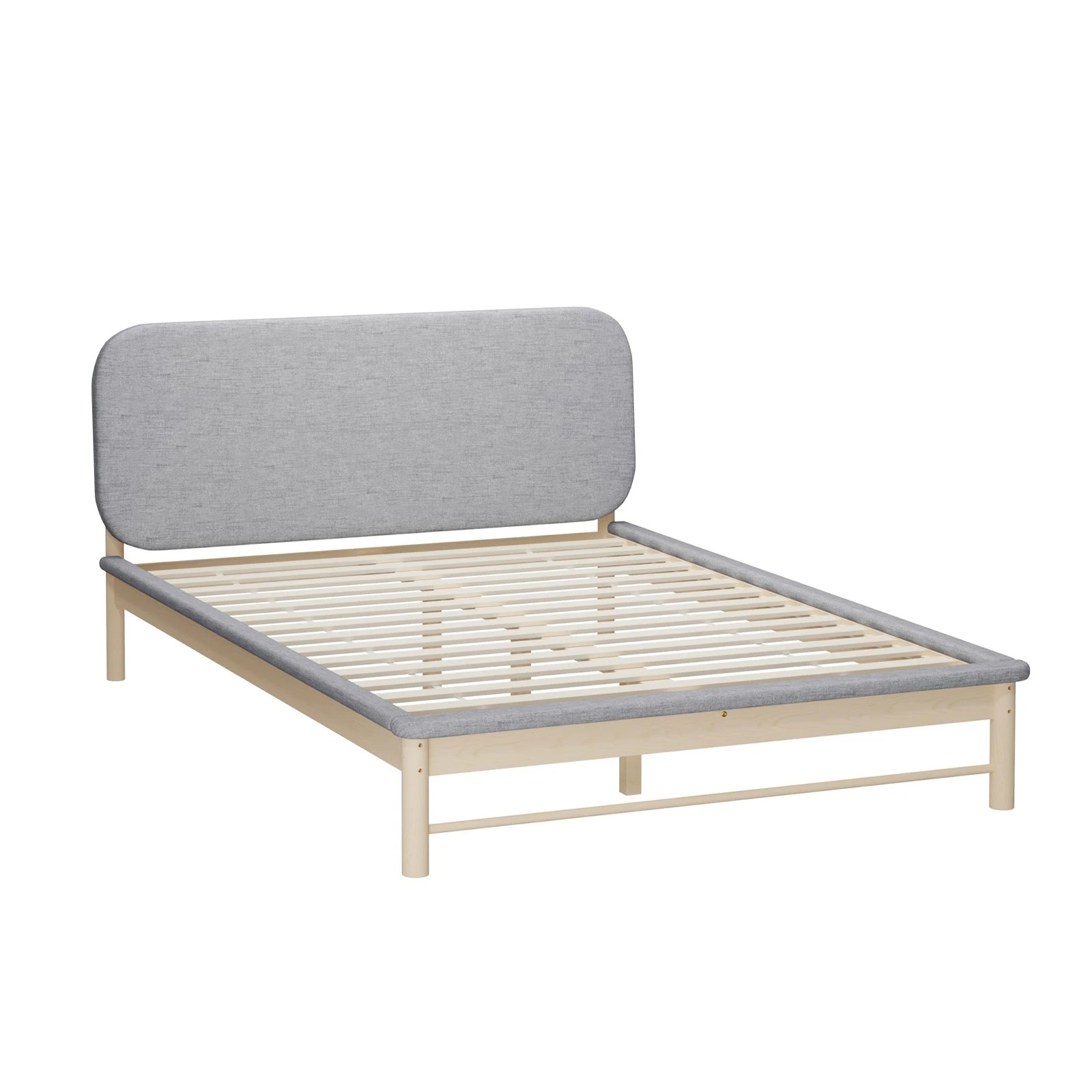 1 Oikiture Wooden Bed Frame With Padded Fabric Edges Pine Headboard Base Double
 - Grey, 1 of 10
