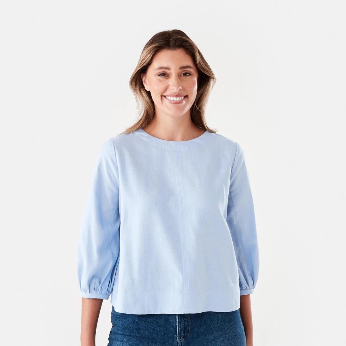 1 Long Sleeve Linen Blend Top Bruni Blue, 1 of 5